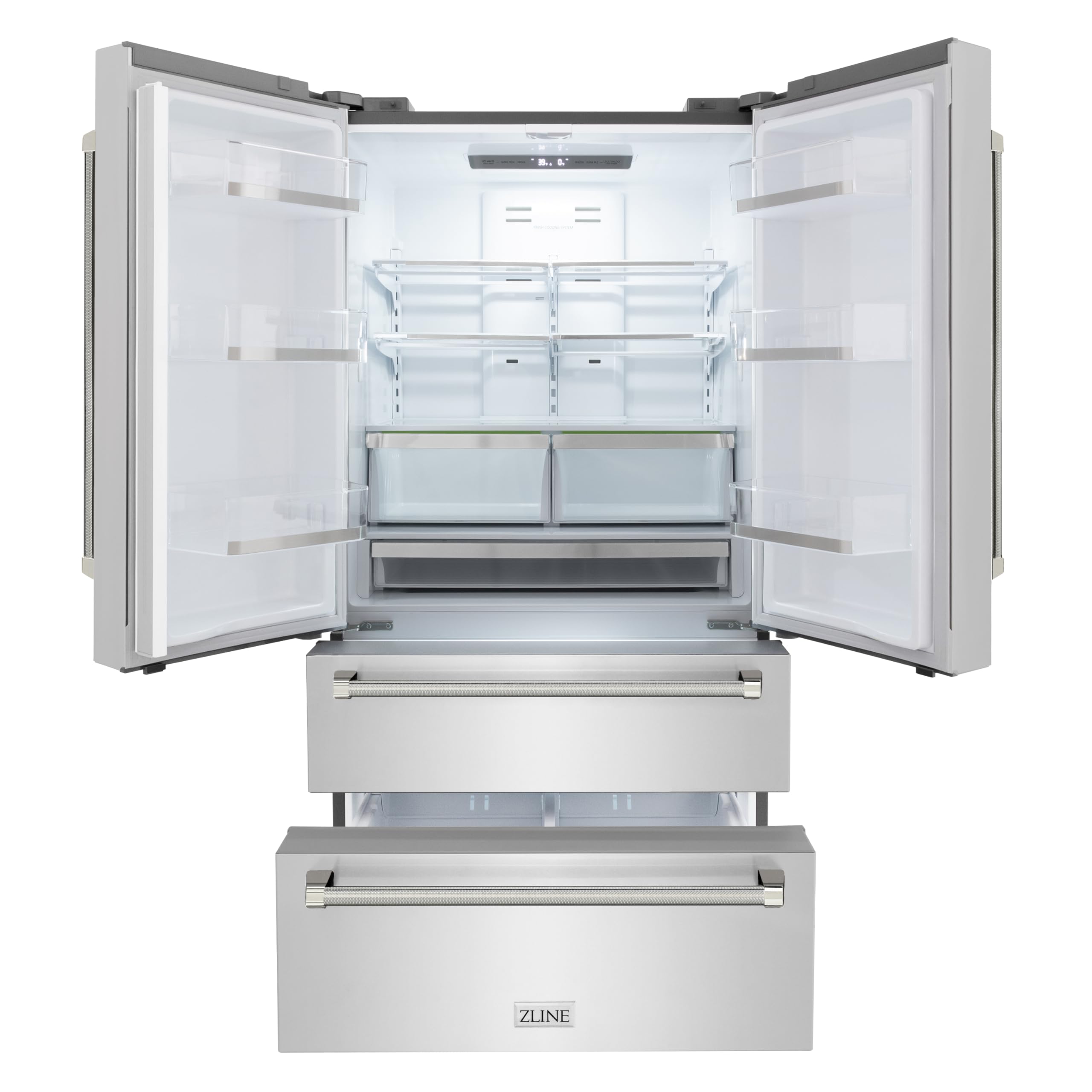 ZLINE Autograph Edition 36 in. 22.5 cu. ft. Counter-Depth French Door Refrigerator with Ice Maker in Fingerprint-Resistant Stainless Steel and Polished Nickel Helix Handles (RFMZ-36-KPN) on Fridge.com