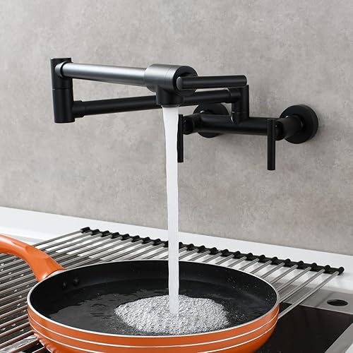Miniatura 2 de Tecmolog Grifo de llenado de olla montado en la pared negro grifo de agua caliente y fría de latón para fregadero de cocina 2 agujeros, BB1242