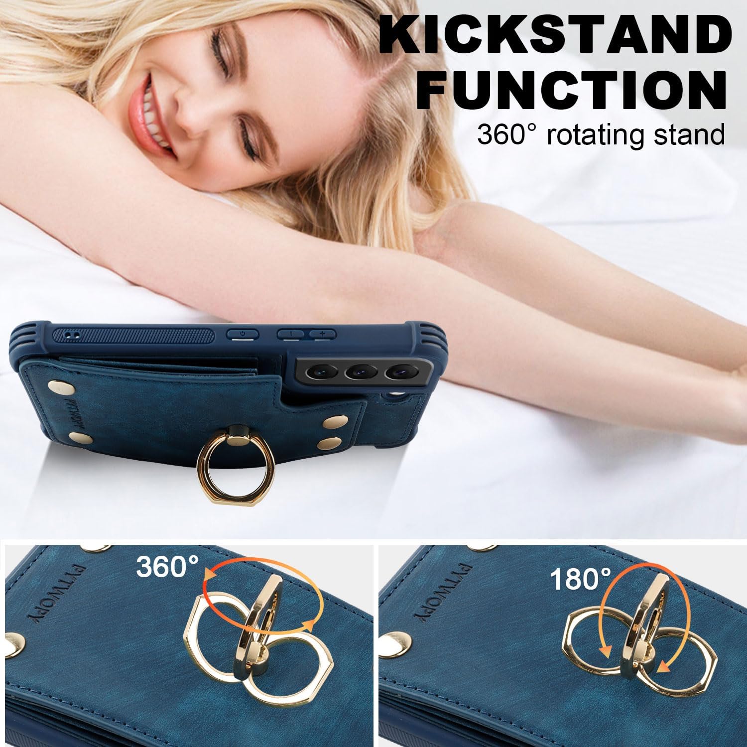 Compatible for Galaxy S22 Wallet Case with Credit Card Holder,Shockproof Protective Phone Cover Supports 360°Rotation Ring Stand and RFID Blocking for Samsung Galaxy S22 6.1 inch,Navy Blue
