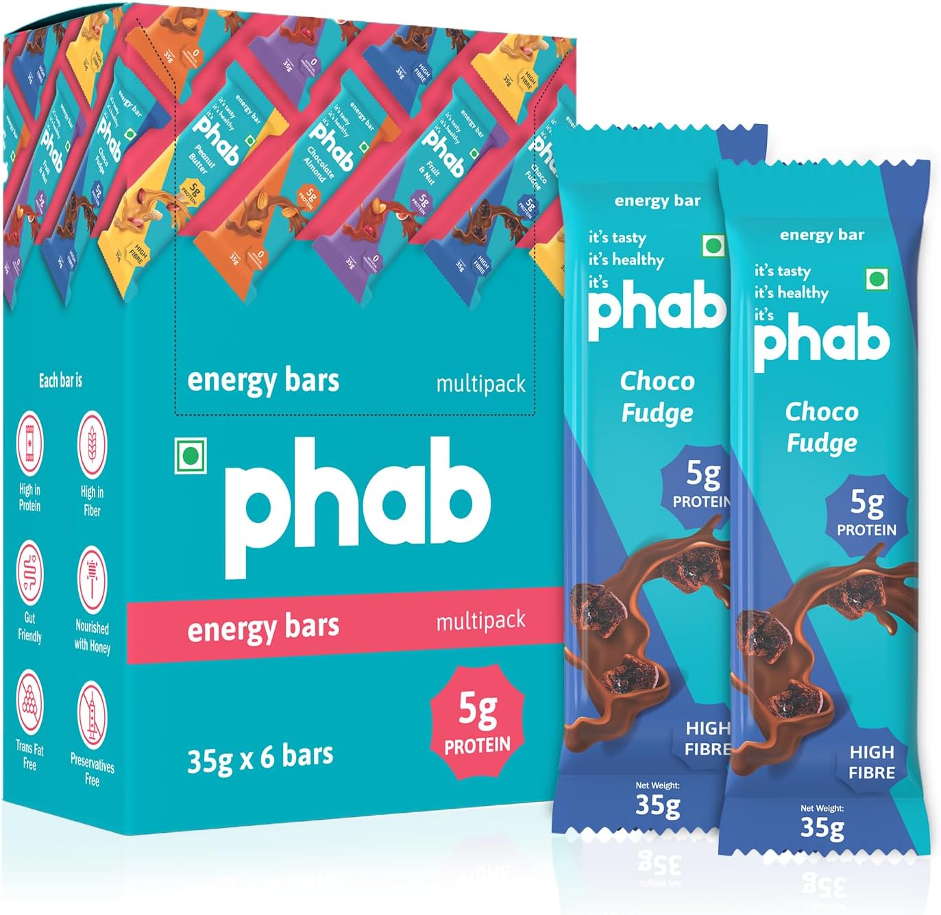 Phab Choco Fudge Energy Bars with 5g Protein, High Fibre & Gut-friendly (Pack of 6) | Naturally Sweetened with Honey, Trans Fat Free & No Preservatives | Healthy & Delicious Dark Chocolate Chips