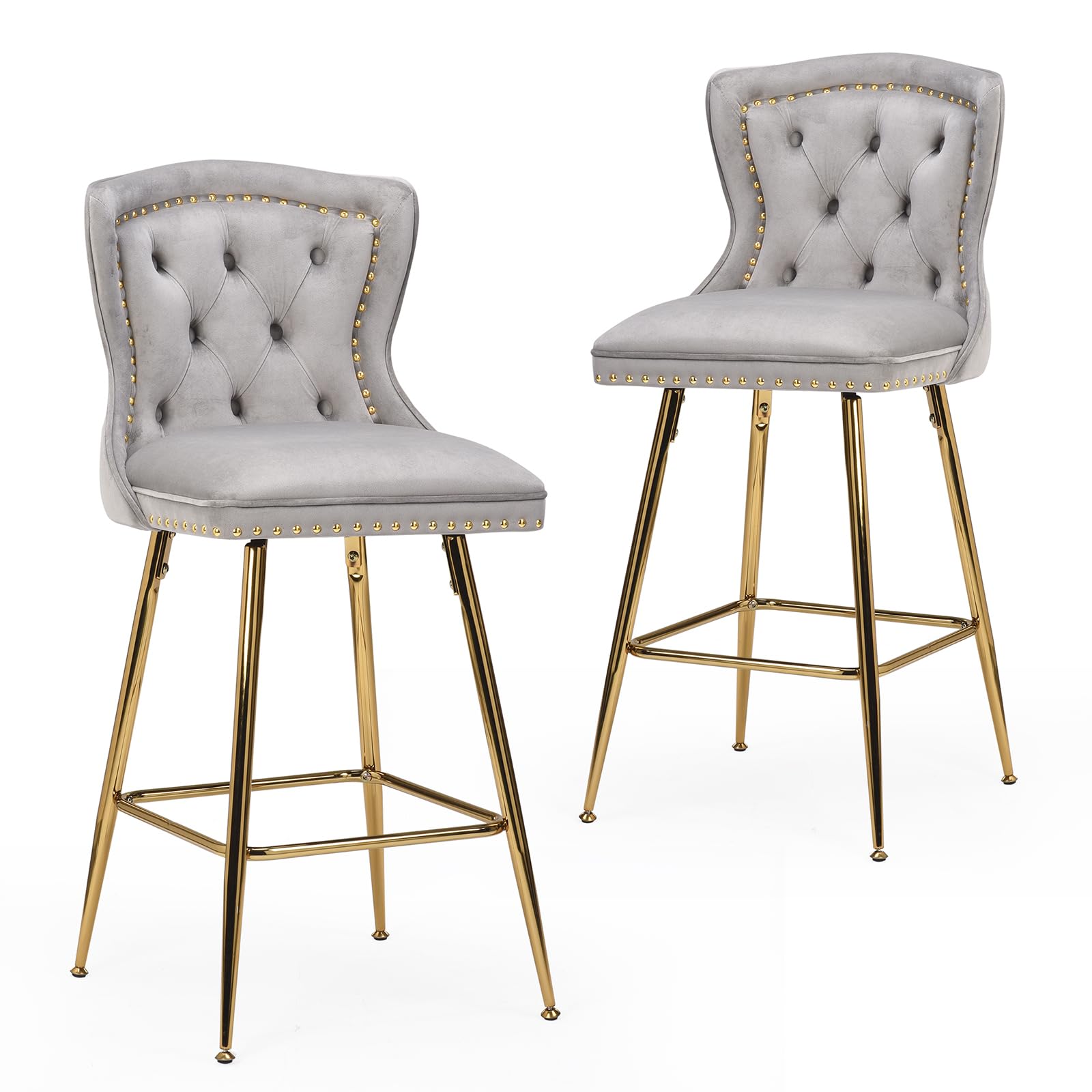 Farini Bar Stools Set of 2, Velvet Counter Height Bar Stools with Metal Legs, Button Tufted and Nailheads Trim, Wing-Back Bar Chairs for Kitchen