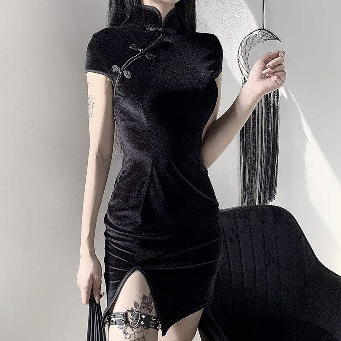 Cosplay Life Black Cheongsam Dress for Women Sexy Short Sleeve Vintage Dress Japanese, Chinese, and Korean Style Short Dress: Clothing, Shoes & Jewelry