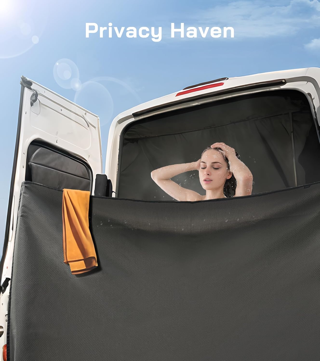 Rear Door Shower Curtain for Mercedes-Benz Sprinter,2019-Current,with Side Privacy Panels,Magnetic Design,Max Door Opening Angle 180°