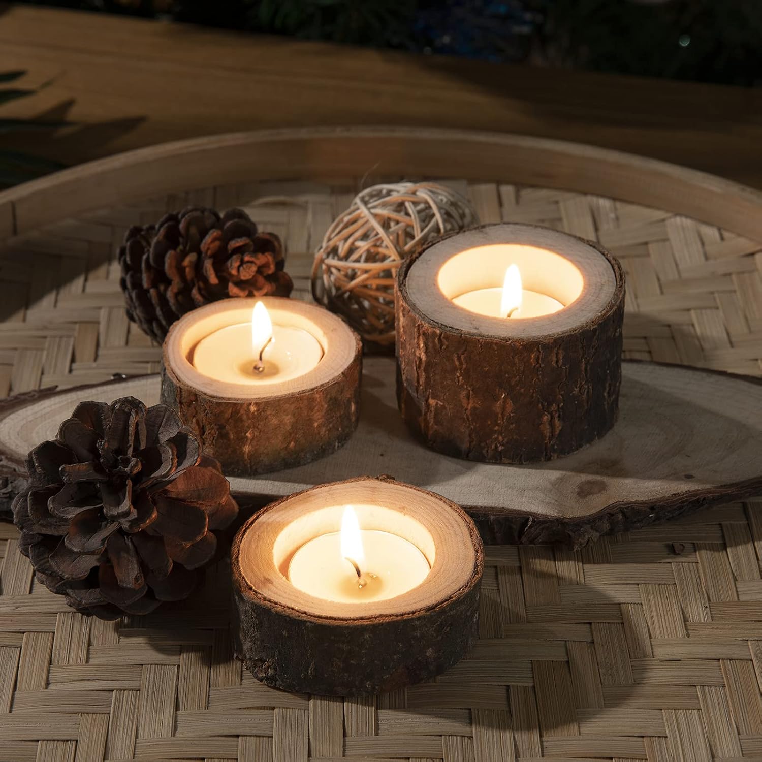 9 Pack Wooden Tealight Candle Holders, Kooplus Tea Light Votive Holder S Size Inner Bore (1.6''Wx0.6''H) Rustic Wedding Decor : Home & Kitchen