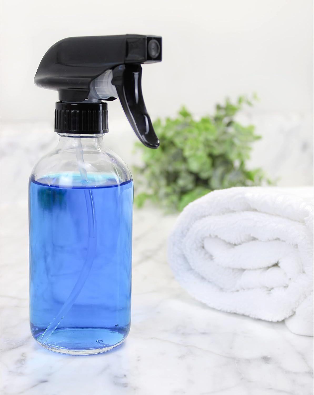 Cornucopia Brands 8-Ounce Clear Glass Spray Bottles (2-Pack); Boston Round Bottles w/ 3-Setting Adjustable Black Heavy Duty Sprayers & Chalk Labels