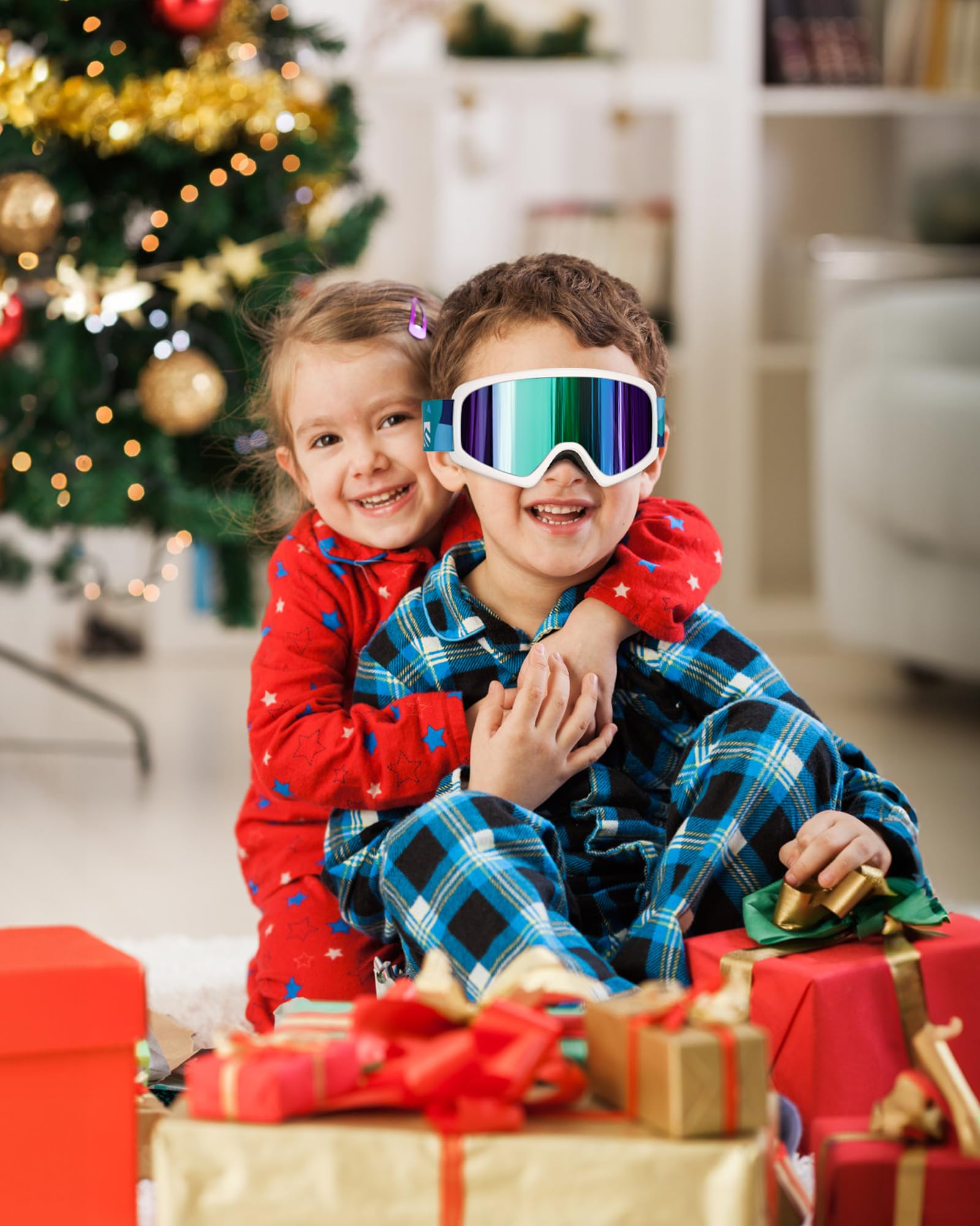 SNOWER Gogle narciarskie dla dzieci, przeciwmgielne gogle śnieżne z designem OTG, 100% ochrona przed promieniowaniem UV, soczewki HD dla dzieci, chłopców, dziewcząt