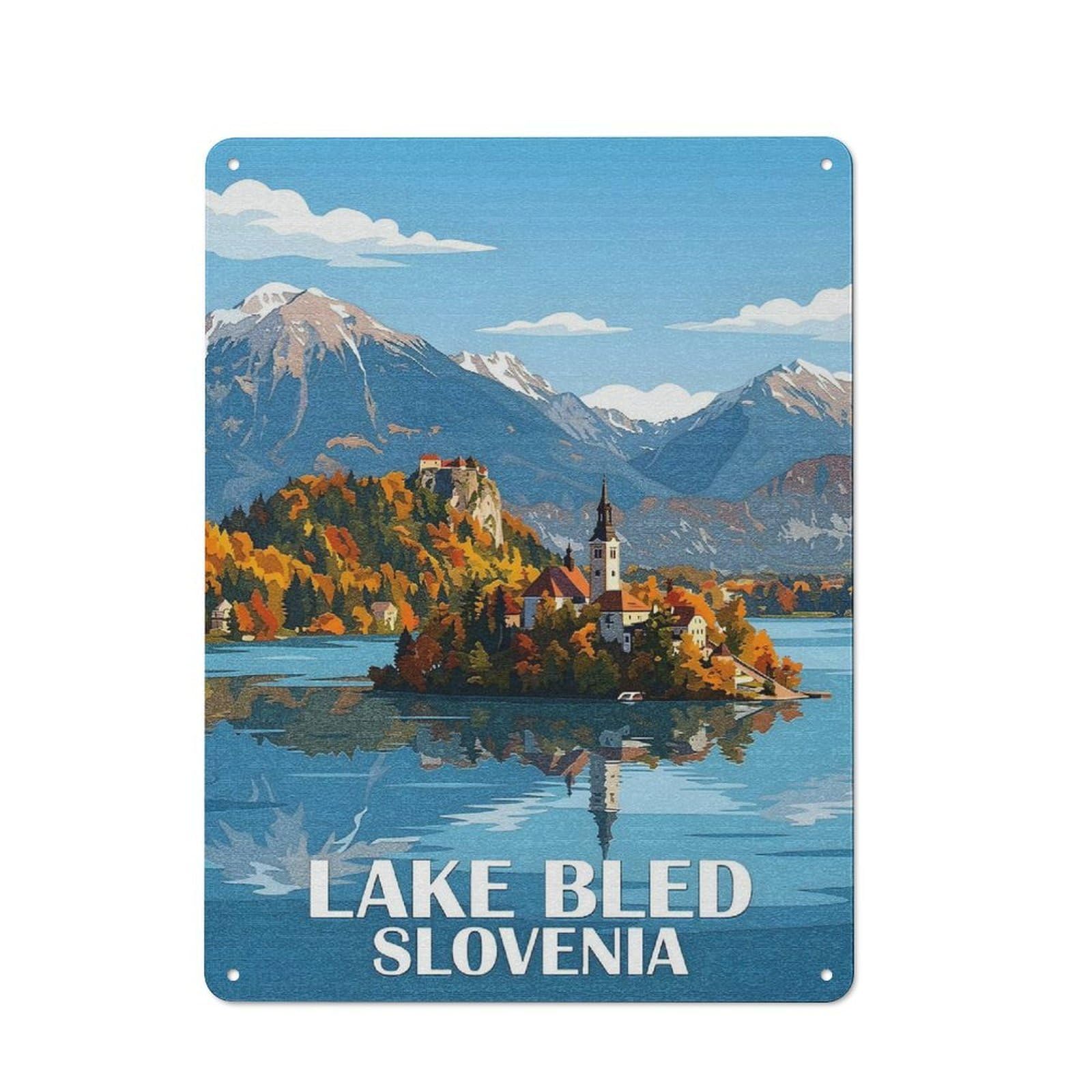 Junmoney Style-23 Lake Bled Slovenia Travel Decorative Metal Wall Decor 40X30cm, Decorative Tin Plaque For Bedroom, Kitchen, Office Or Living Room