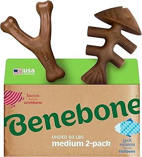 Benebone 2-Pack Indestructible Fishbone/Wishbone Dog Chew Toys, Long Lasting Tough Boredom Breaker for Dogs, Real Salmon and Real Bacon Flavour, For Medium Dogs, Made in USA