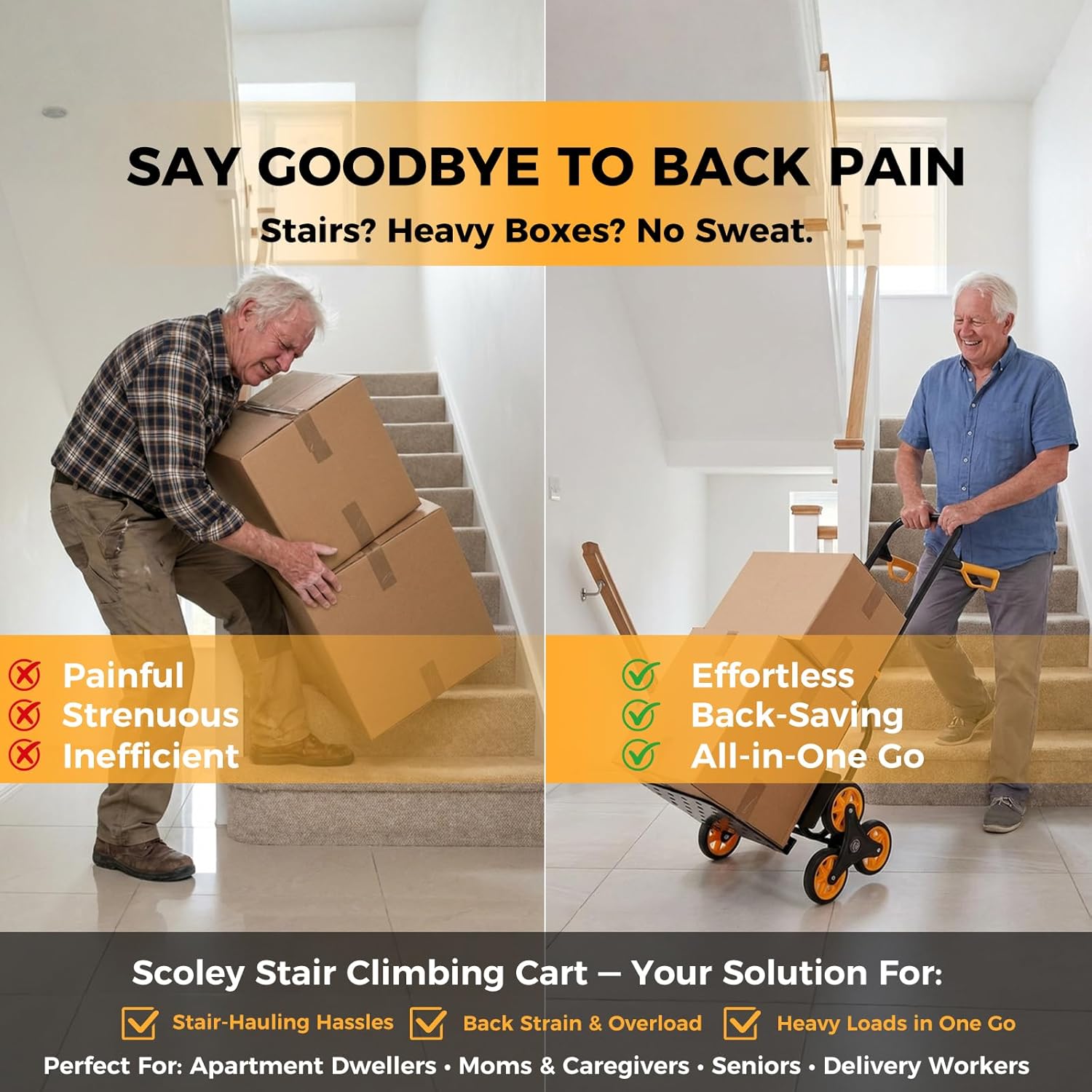 Stair Climbing Dolly - Heavy Duty Stairs Climber Hand Truck for Moving, 380LBS Capacity Folding Cart with 5.9" Triple Wheels, Adjustable Handle, Portable for Home Furniture Grocery Warehouse Office