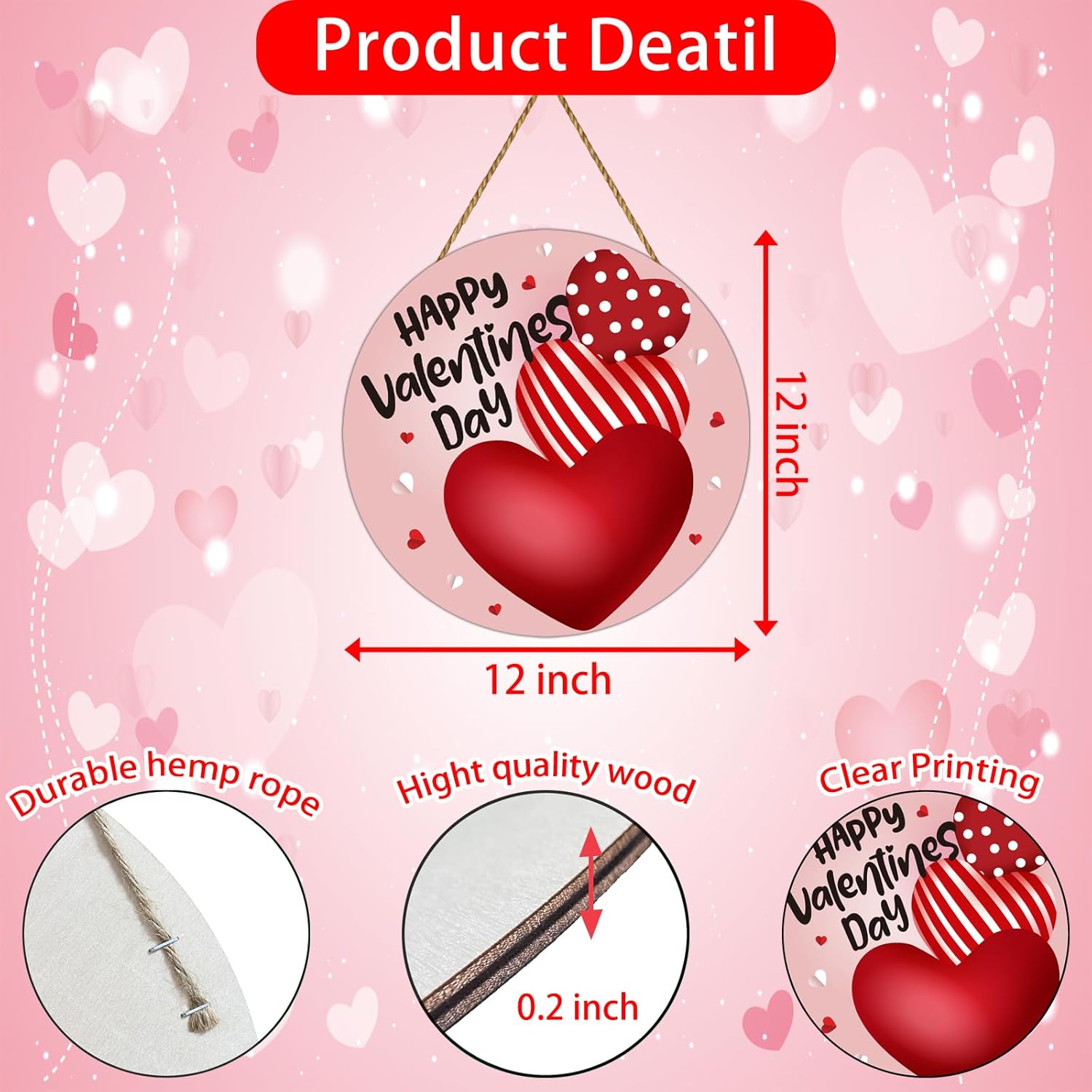 Valentines Day Door Decorations Heart Decor Happy Valentines Day Sign Heart Wall Decorations Wooden Wreaths for Front Door Hanger Hanging Sign for Porch Wall Indoor Home Decor