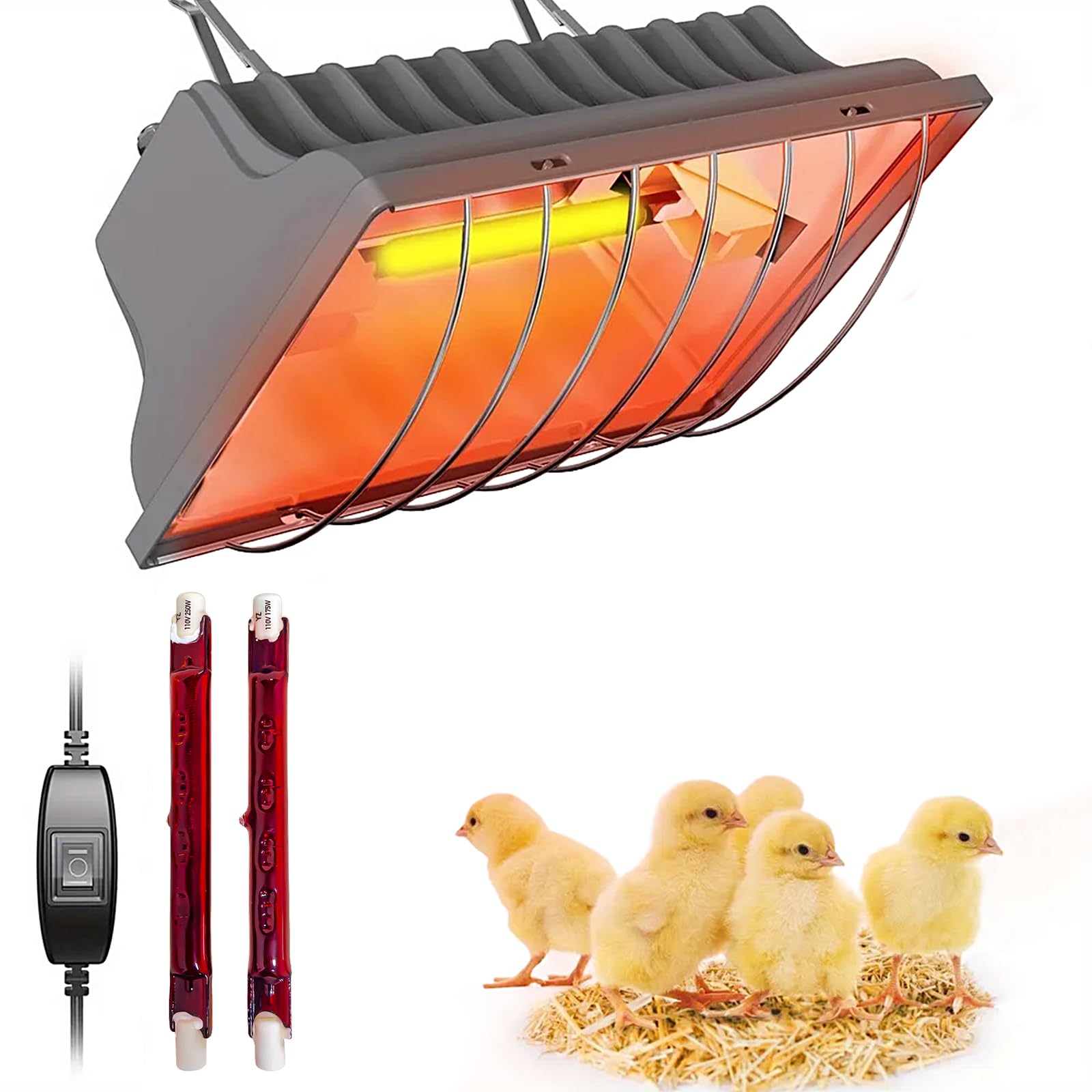 250W Hühnerstall Heizung, Infrarot Wärmelampe, Wasserdichte Wärmelampe Tiere, Thermostat Geflügel Wärmelampen mit Verstellbarer Aufhängekette für Küken, Welpen, Katzen, Schweine, Hunde, Reptilien