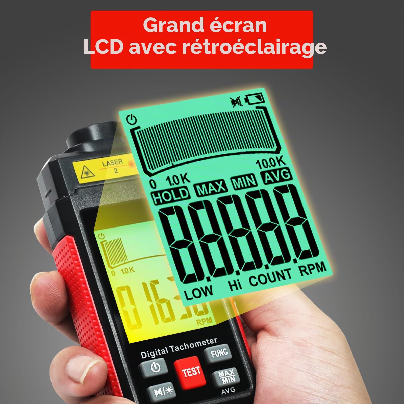 Tachymètre Numérique Sans Contact avec Deux Modes de Mesure 10-99999 tr/min, Détection Photoélectrique Laser Haute Précision avec Écran LCD, Ruban Réfléchissant pour Usage Industriel et Bricolage