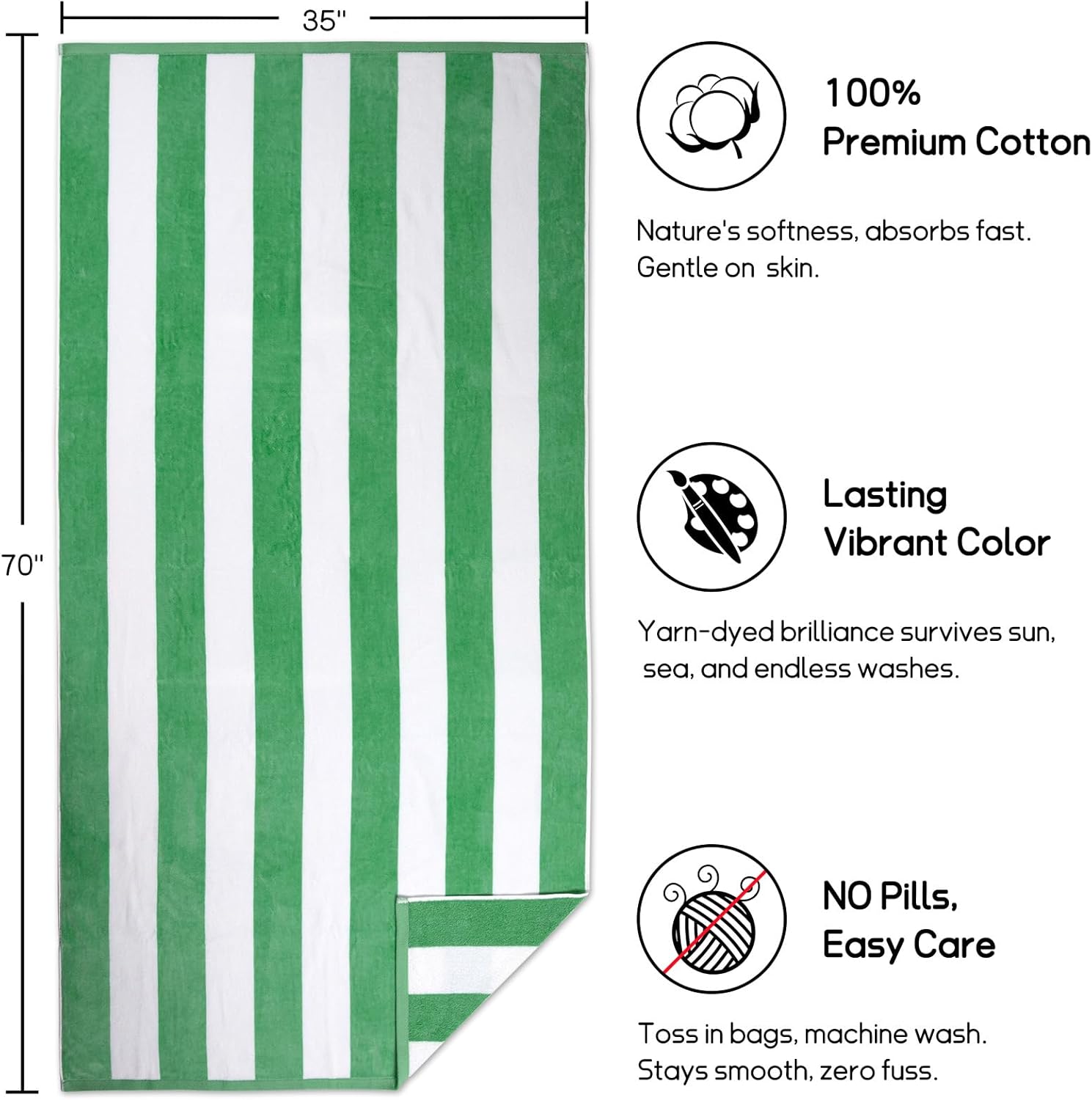 cabanana Large Oversized Beach Towel - 35 x 70 Inch Cotton Pool Towel, Green Striped Soft Cabana Swim Towel - Image 4