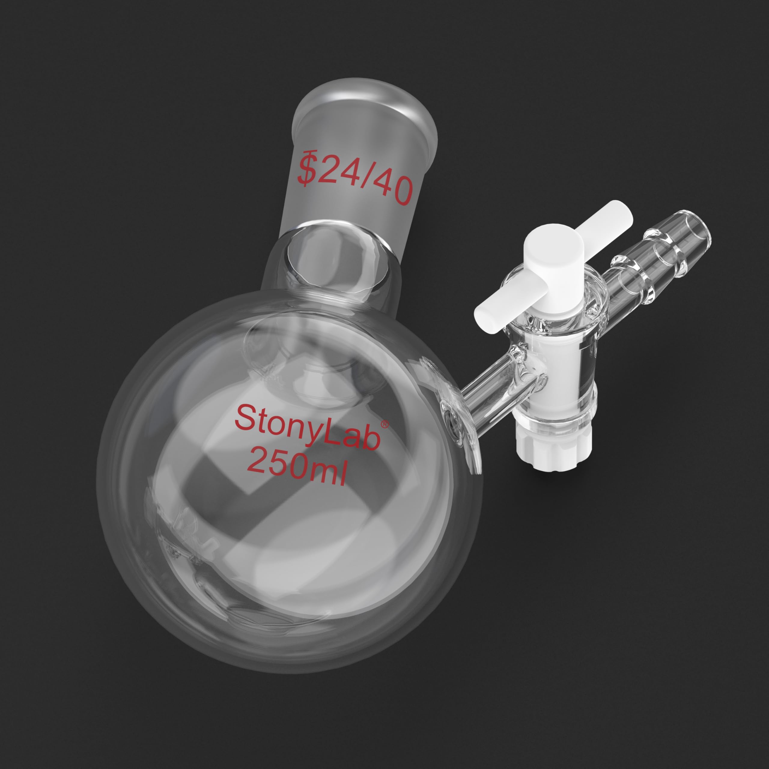 stonylab Matraz de Reacción, Matraz de Reacción de Vidrio de Borosilicato de Cuello único con Junta 24/40 y Válvula de Llave de paso de PTFE, Matraz de Fondo Redondo de 250 ml