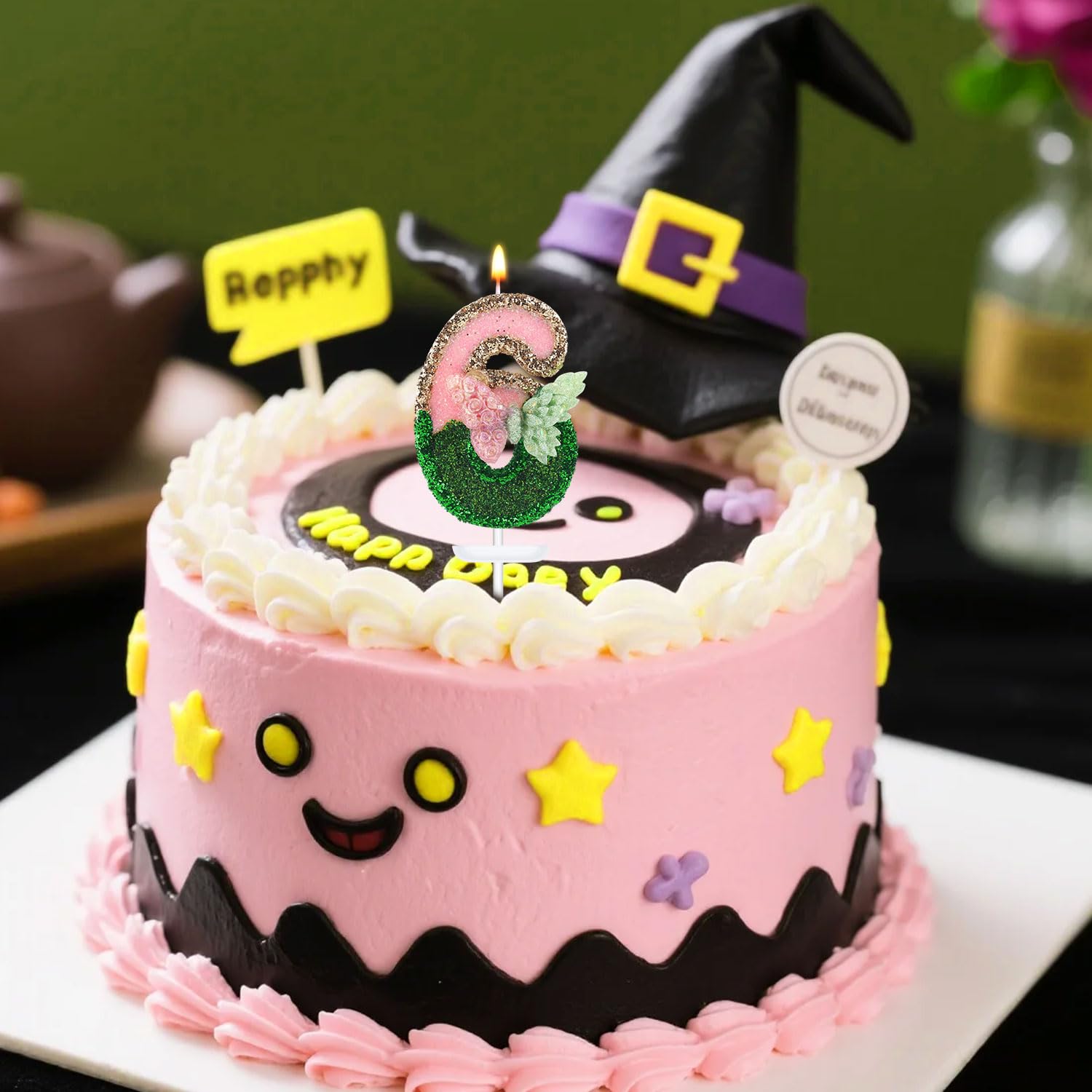 Witch Theme Birthday Cake Candle - Number 6 With Butterfly Wings, Pink & Green Wax For Fantasy Party Decor - View #9