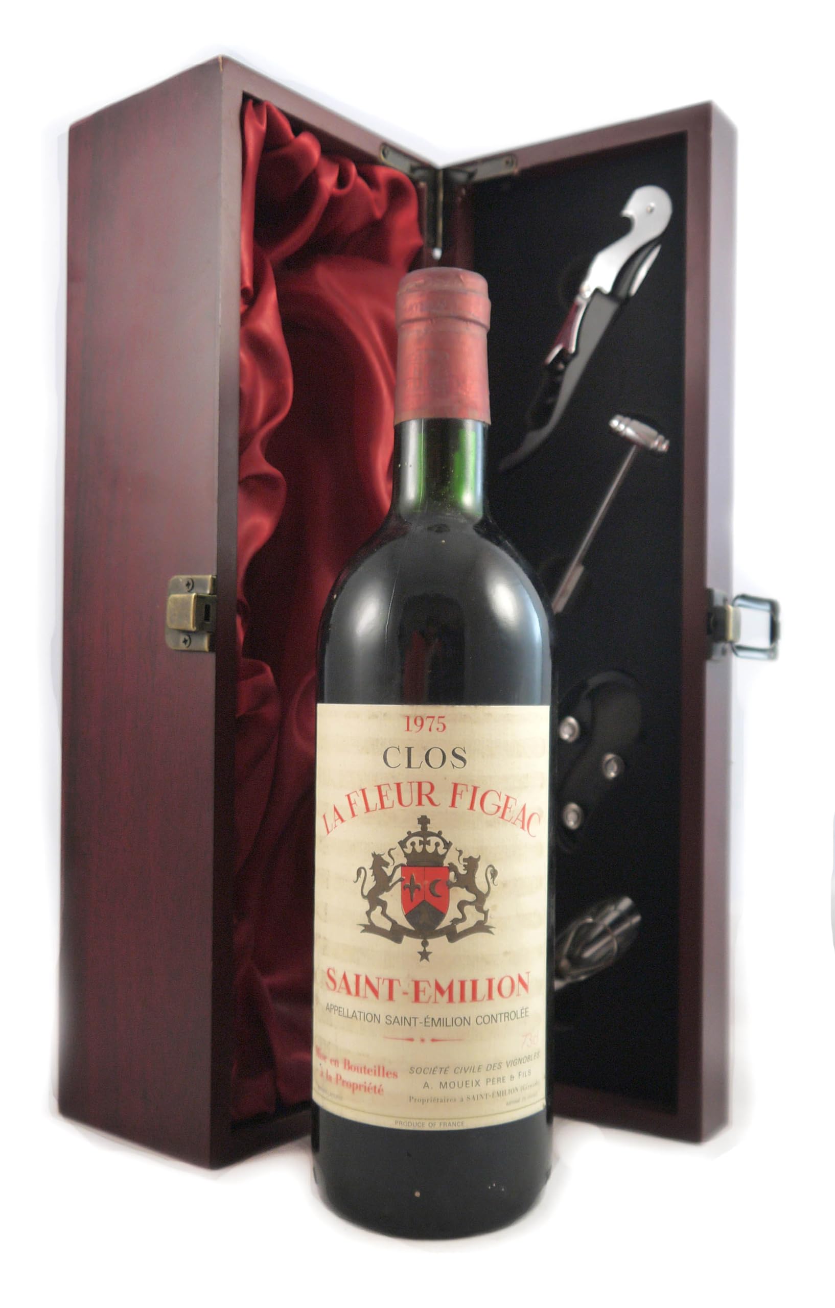Clos La Fleur Figeac 1975 Saint Emilion Grand Cru (Red wine) vintage wine in a silk lined wooden box with four wine accessories, 1 x 750ml