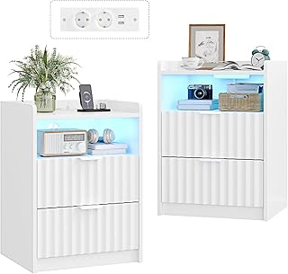 Mojiasion - Mesa de noche (2 enchufes de CA y 2 puertos USB), 2 cajones y 1 compartimento abierto, mueble de noche, mesita de noche, juego de 2, color blanco
