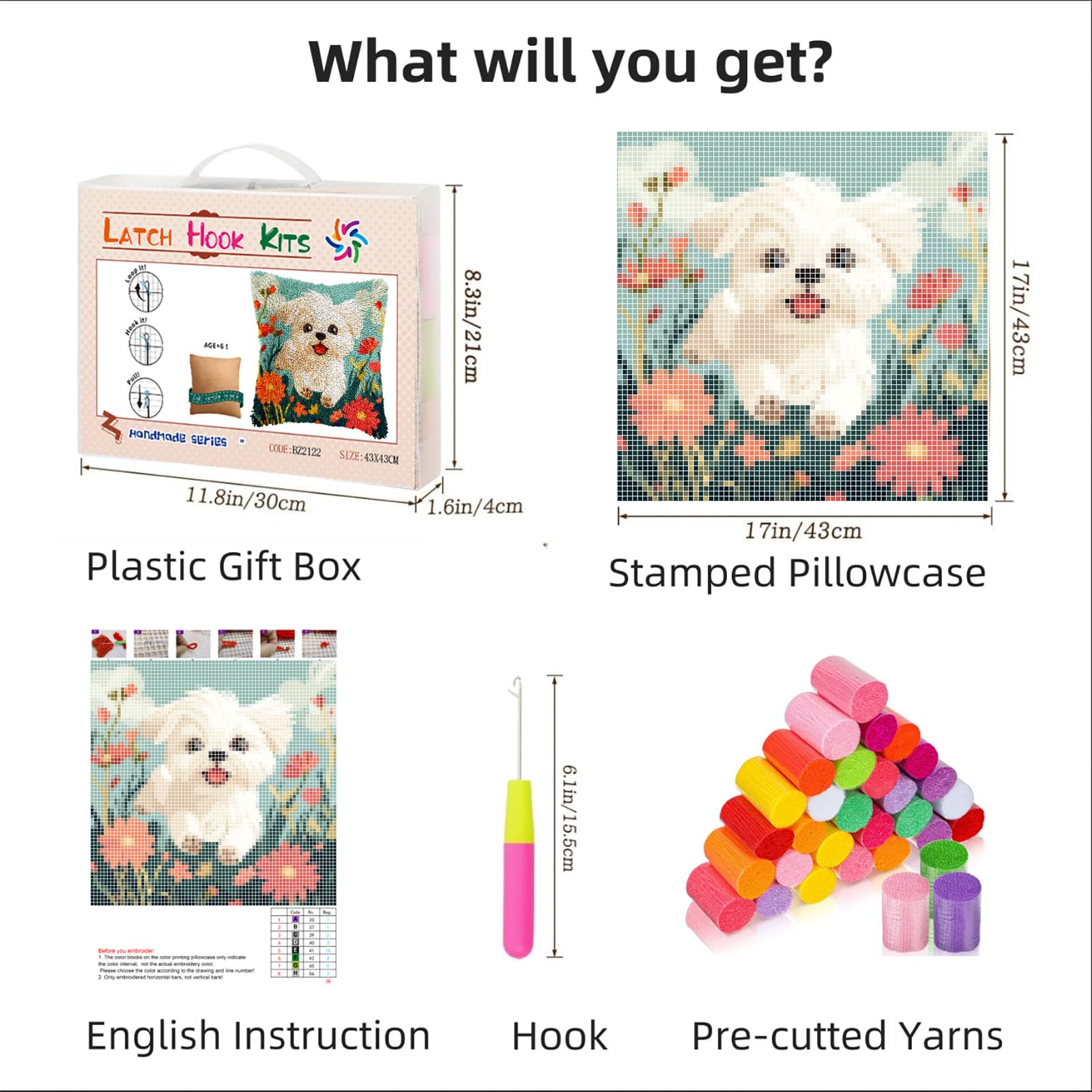 DIY Latch Hook Pillow Kits for Adults Happy Maltese Dog Running in Flowers Printed Pillowcase Crochet Yarns Hooking Handmade Pillow Cover Cushion for Home Sofa Decor 17x17inch(3)