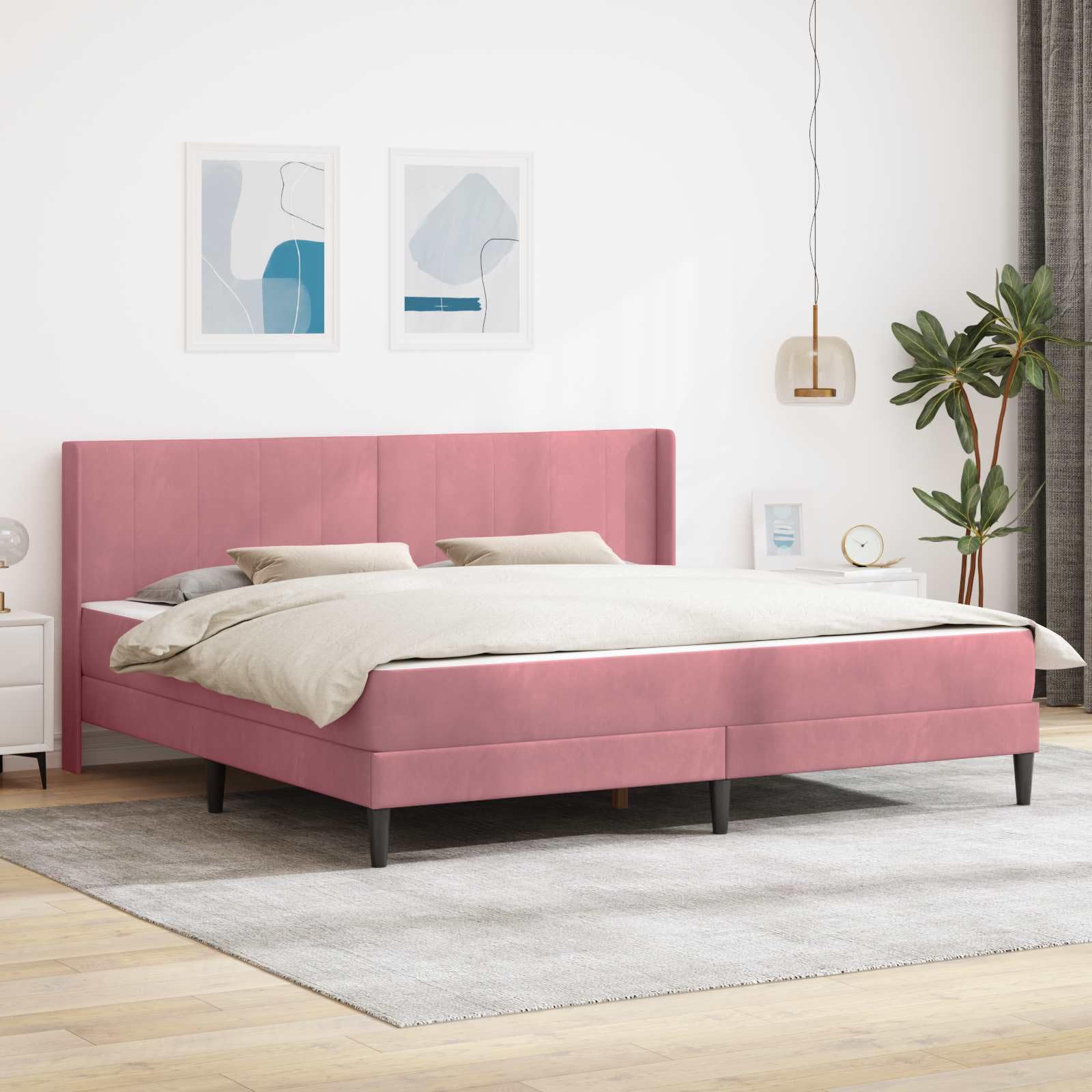 Rama łóżka z materacem i zagłówkiem w kolorze różowym, 200 x 200 cm, aksamitna, łącznie z wytrzymałym stelażem i ergonomicznym materacem ze sprężynami kieszeniowymi, idealna do sypialni