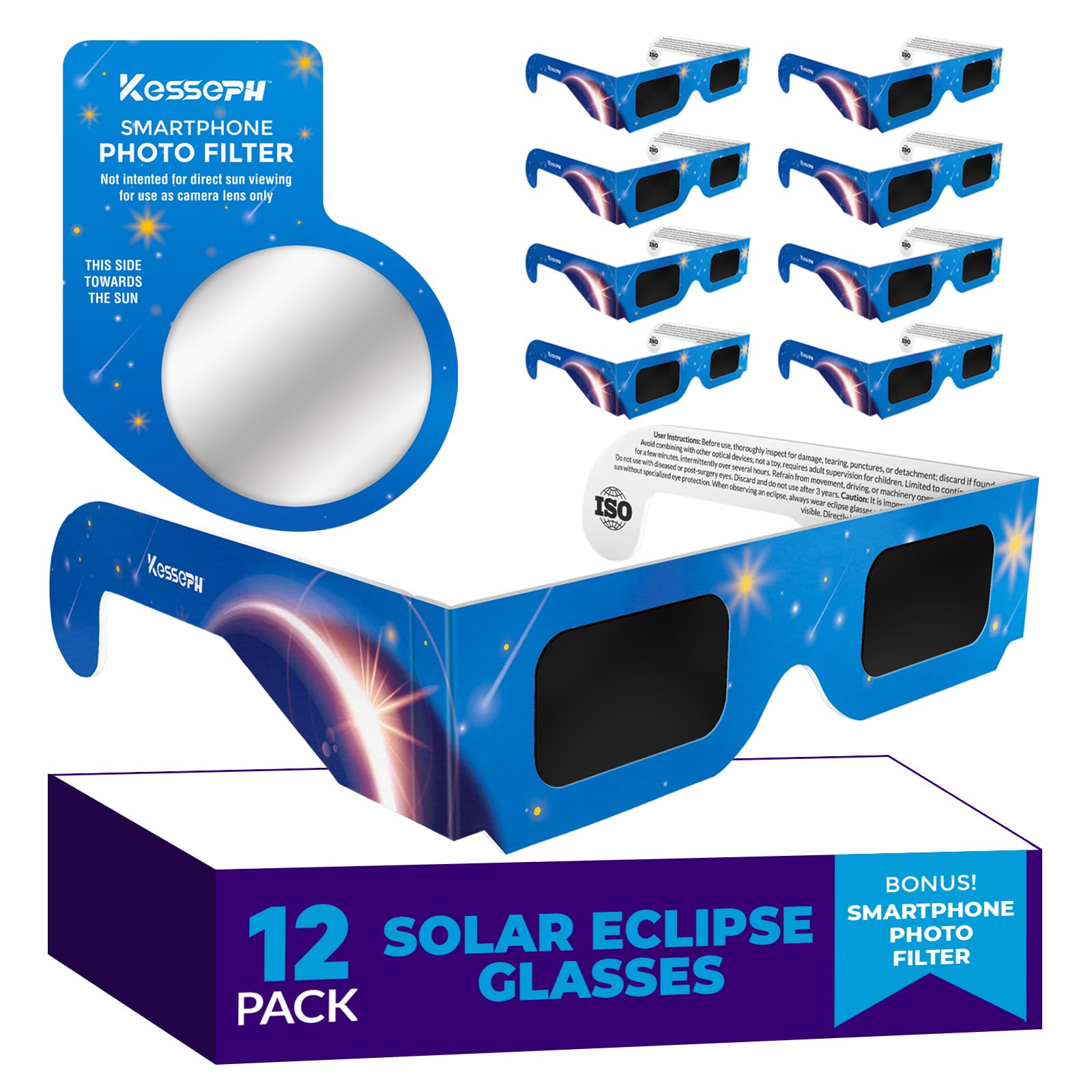 Solar Eclipse Glasses Approved 2024, (12 Pack) CE and ISO Certified Solar Eclipse Observation Glasses, Safe Shades for Direct Sun Viewing, Bonus Smartphone Photo Filter Lens, Blue Stars Design