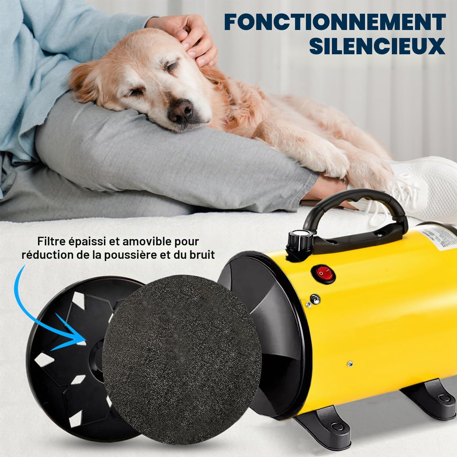 Pulseur pour Chien 2800W - Séchoir Professionnel pour Animaux avec Température Réglable et 4 Buses (Jaune)