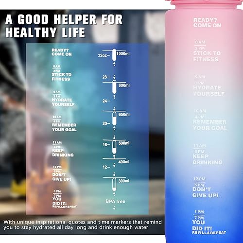 Miniatura 6 de Botellas de agua de 32 onzas sin BPA, botella de agua deportiva con popote, apta para lavavajillas, botella de agua motivacional a prueba de fugas