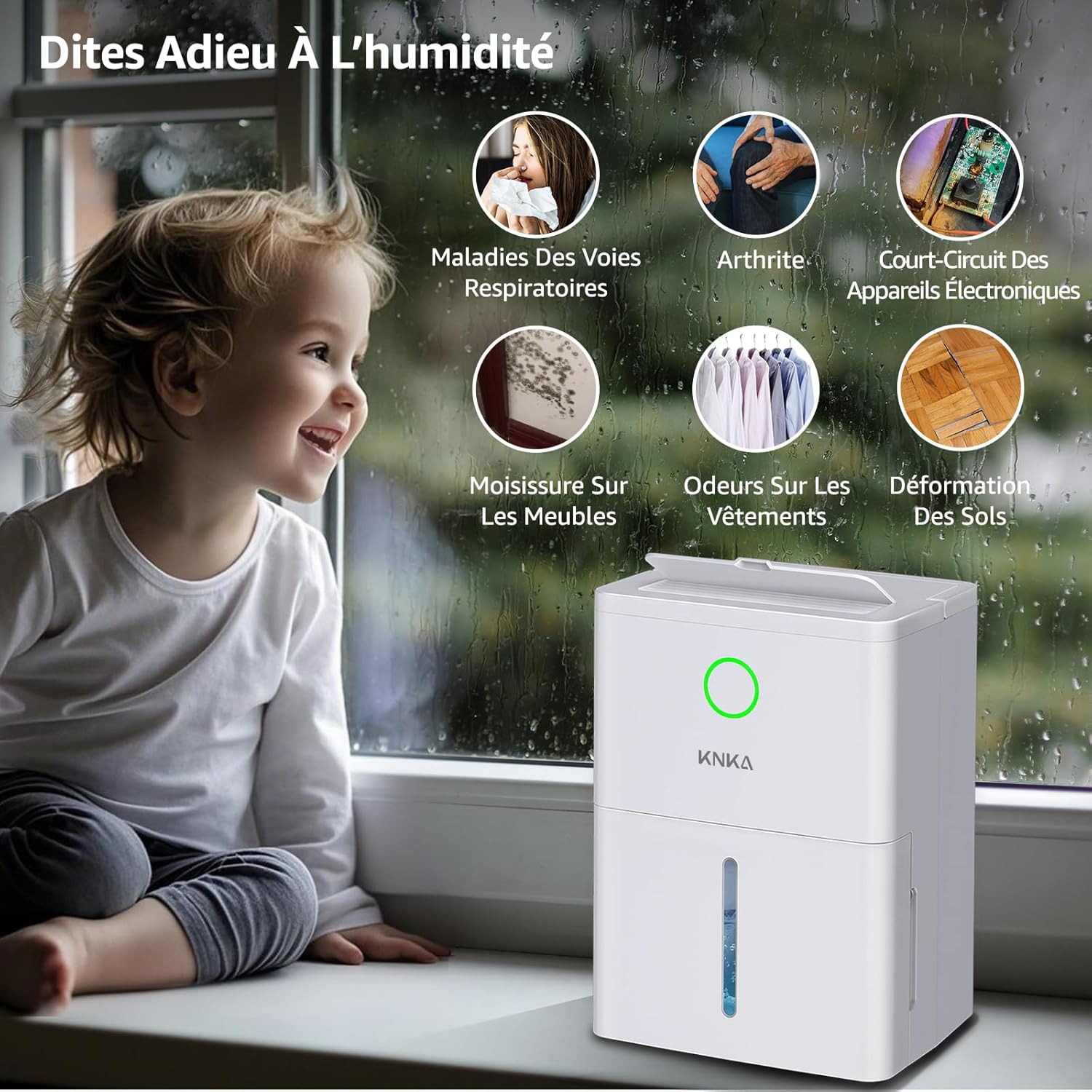 KNKA D032 Dehumidifier showing the removable 1.7-liter water tank.