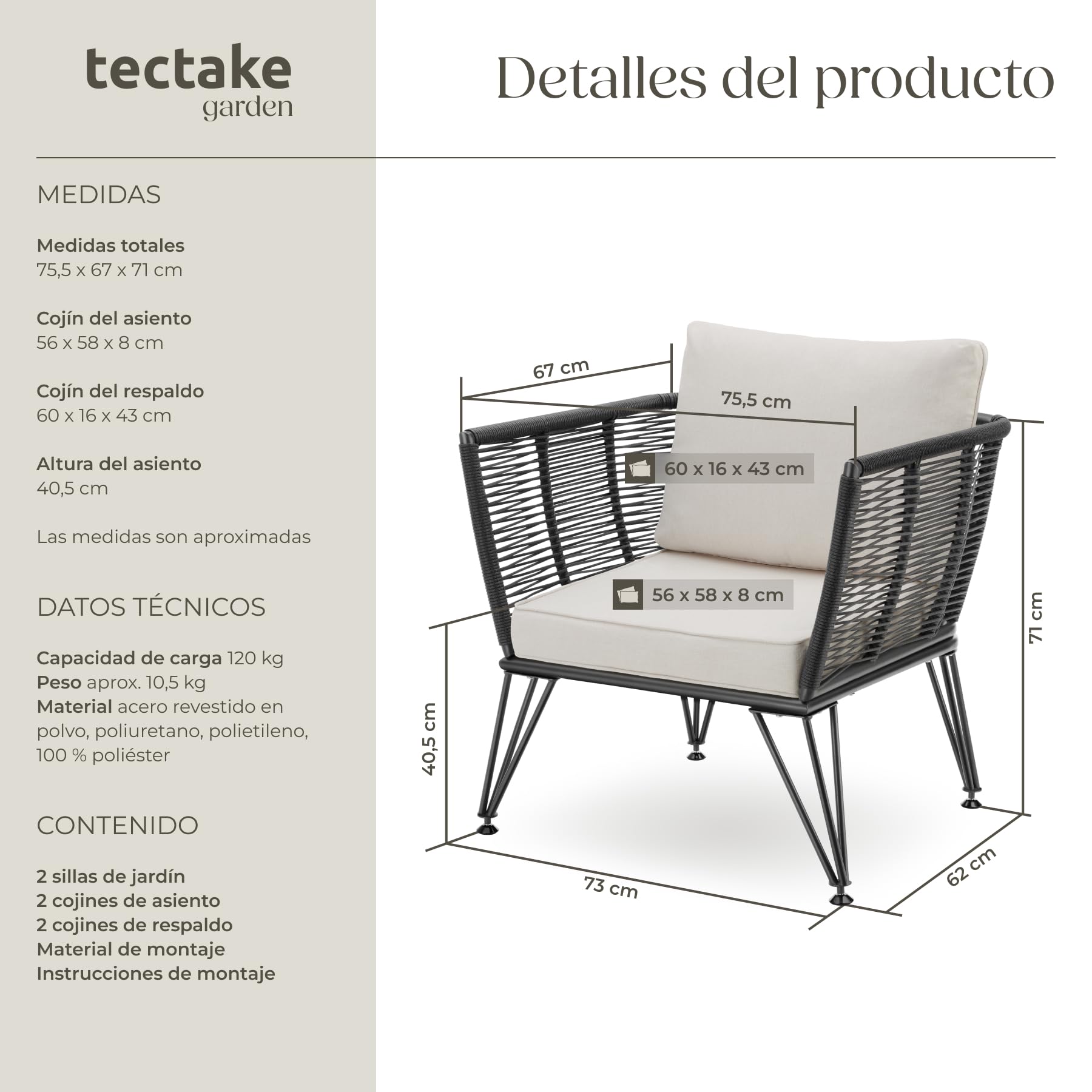 tectake® Sillas de Jardin Exterior de Ratán, Sillones de Jardin, Cojines, Sillas Exterior Resistente a la Intemperie, Sillones para Terrazas, Muebles de Jardín, Butacas de jardín - 2 Sillas