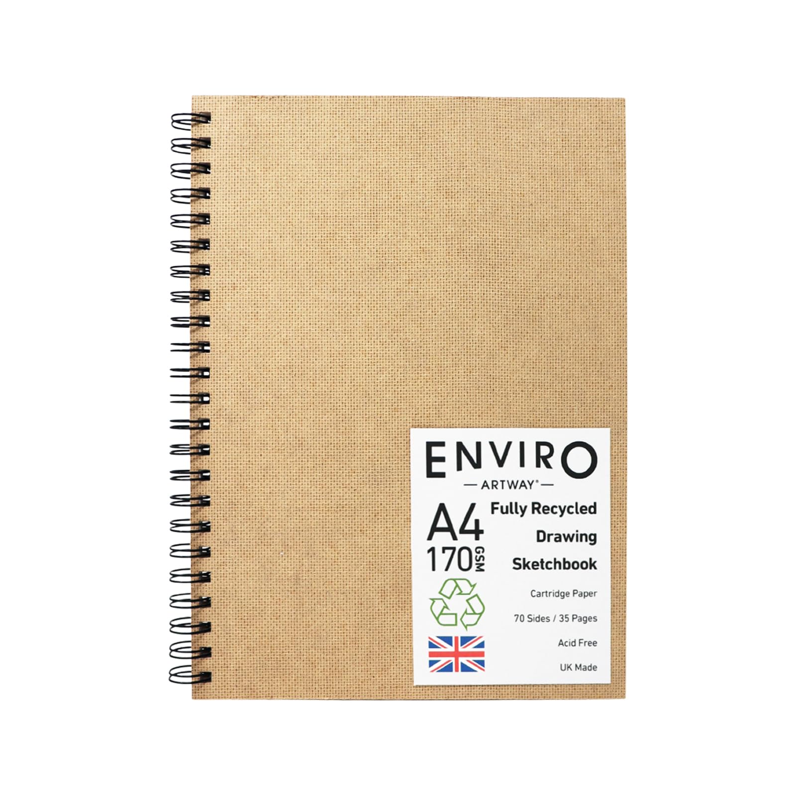 Artway Enviro – Spiral Bound A4 Sketchbook – Portrait - 70 Sides/35 Pages of Recycled 170gsm Drawing Paper – 100% Recycled Sketchbook / Scrapbook, White