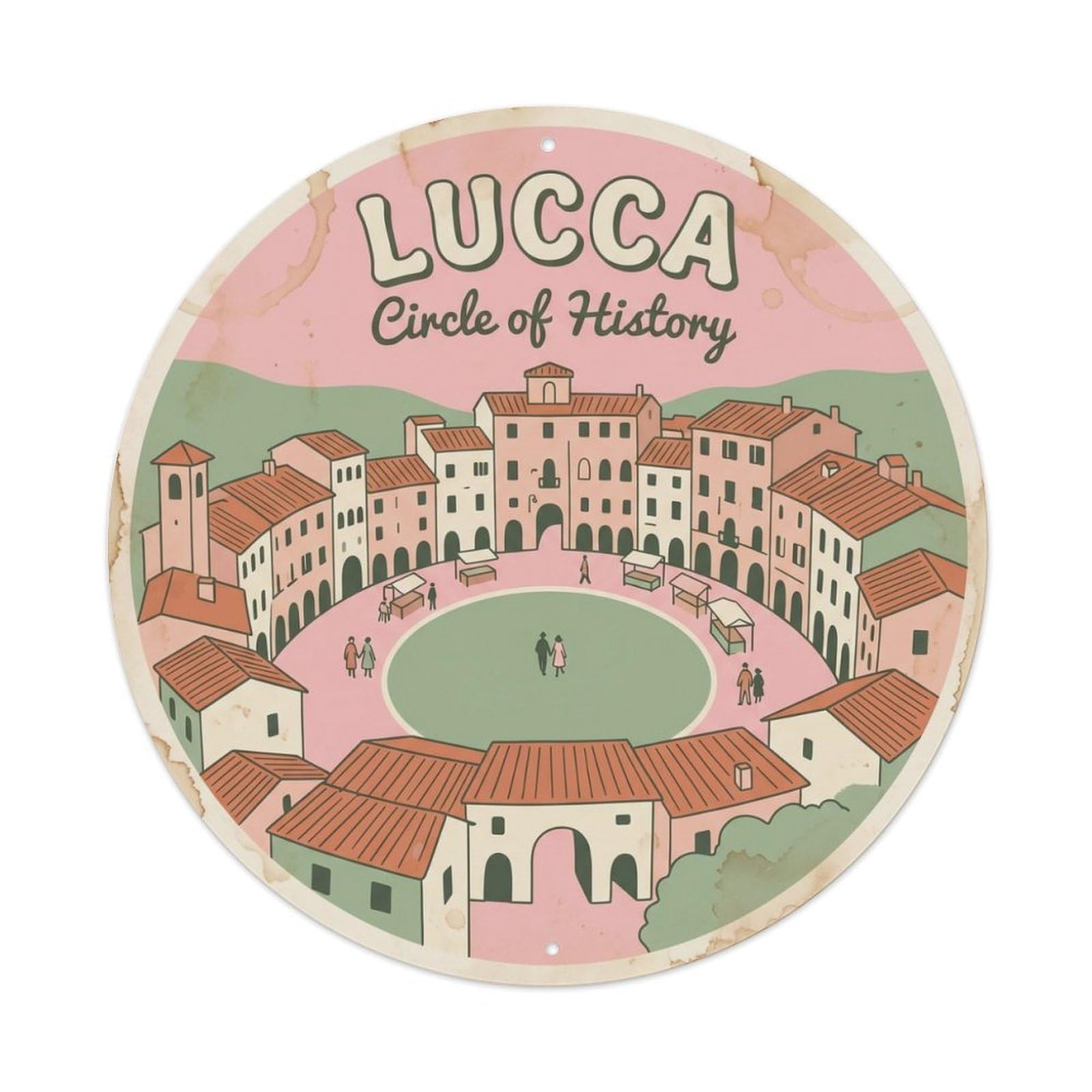 Fqcyn Style Vintage Travel Lucca Amphitheatre Italy Metal Tin Sign Plaque Wall Decor For Cafe, Club Bar, Office, Home Garden Round Metal Poster 8X8inch