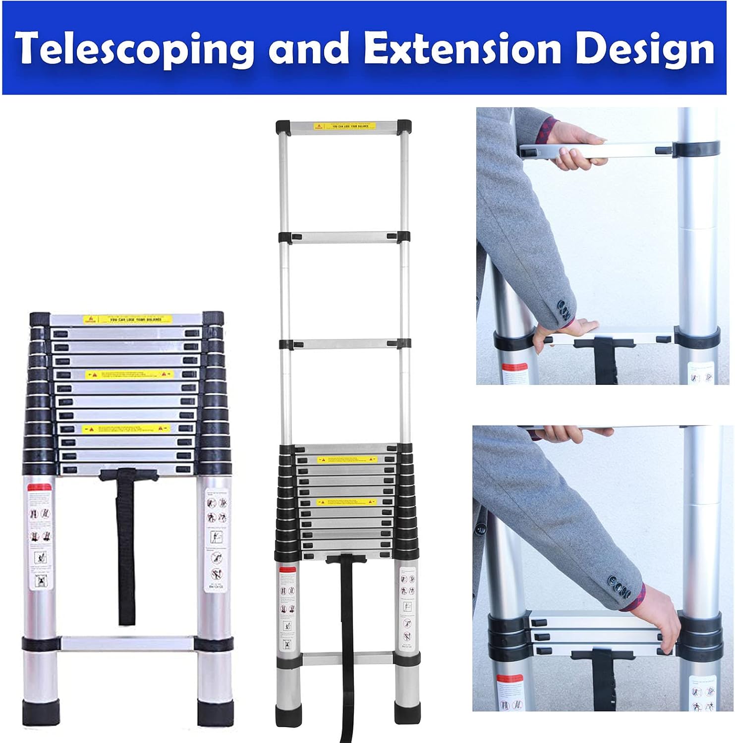 16.4FT Aluminum Telescoping Ladder with Detachable Hooks, Heavy Duty Folding Ladder Adjustable Height, 330lbs Load Capacity, EN131 Standard, Portable Extension Collapsible Ladder