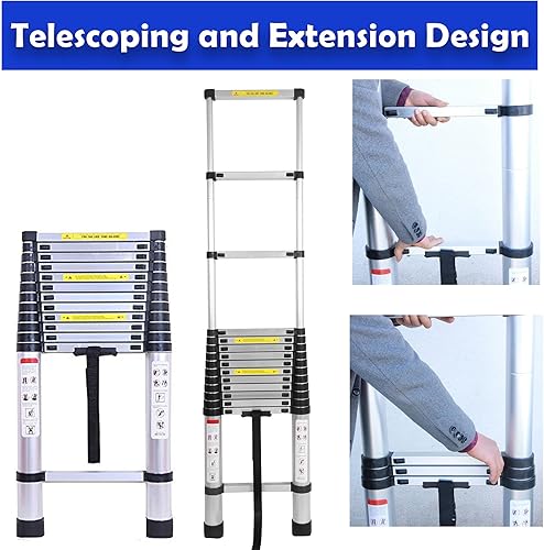 Miniatura 4 de Escalera telescópica de aluminio de 16.4 pies con ganchos desmontables, escalera plegable resistente de altura ajustable, capacidad de carga de 330