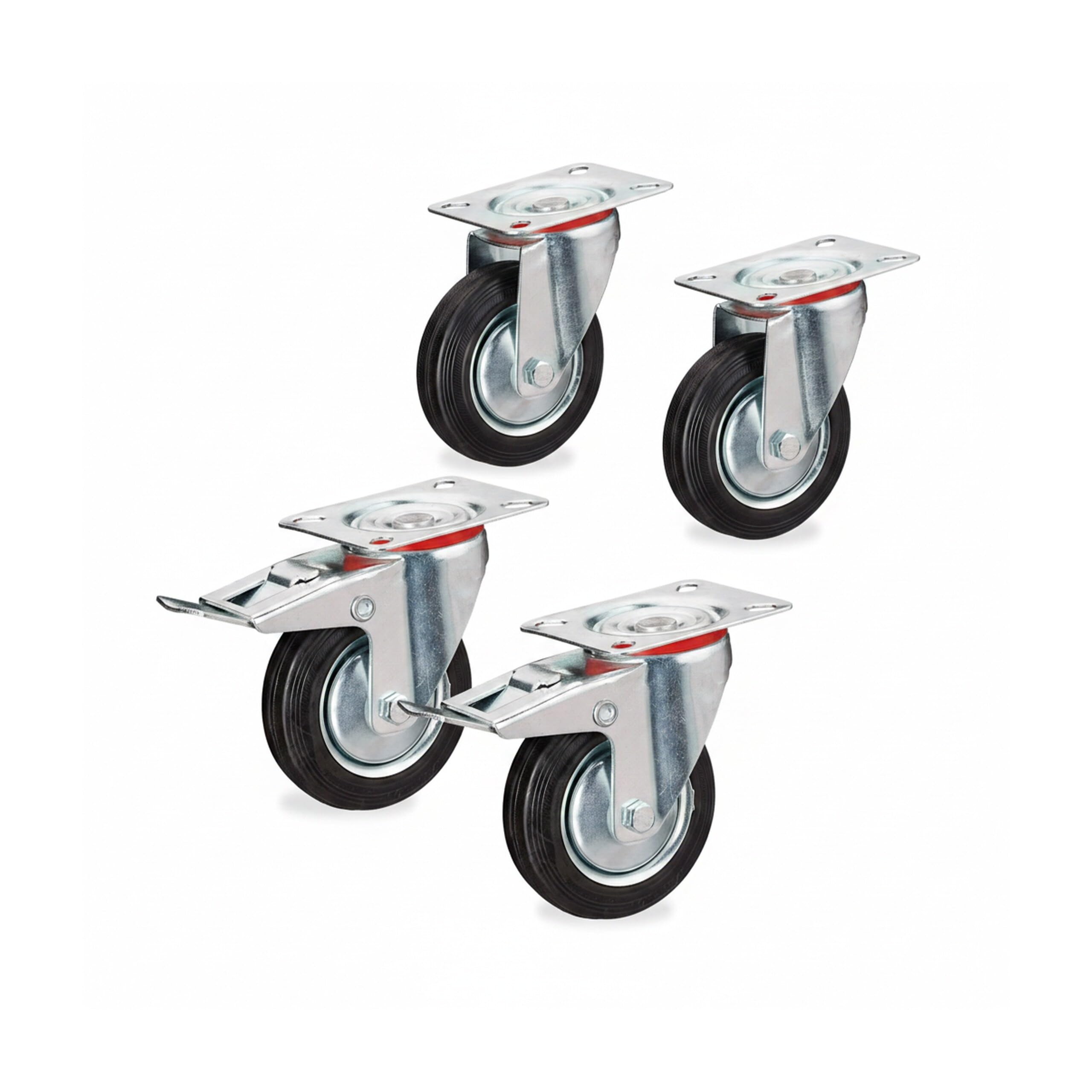 Relaxdays Set 4 Ruedas Cargas Pesadas, Giratorias 360°, Rodamiento Bolas, 2 Rueditas con Freno, máx. 280kg, 100mm, Negro