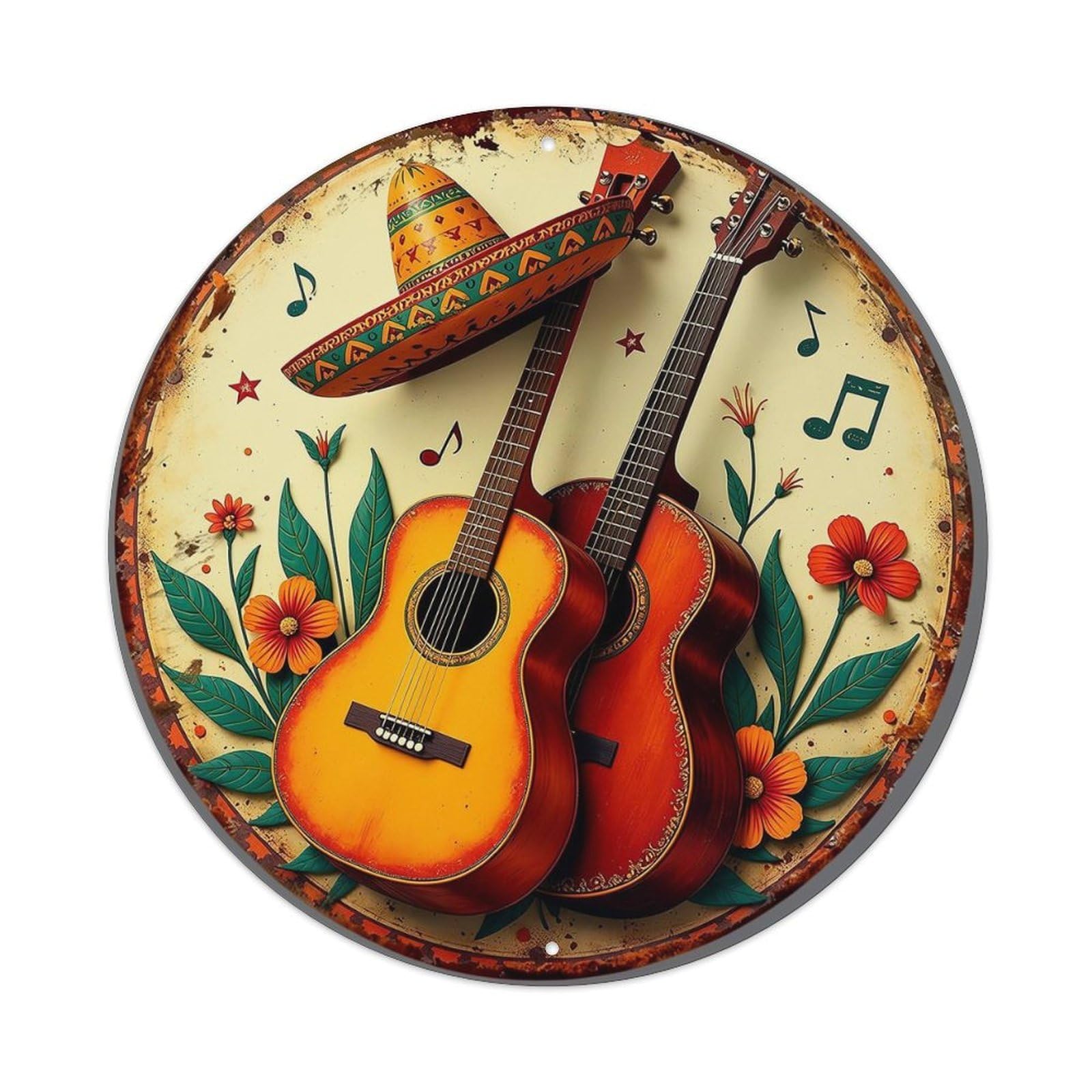 Jdyaojiesheng Vintage Floral Guitar Sombrero Music Stars Round Tin Sign Retro Metal Wall Decor Metal Poster, Home Bar Garage Farmhouse Cafe Wall Art Decoration 8X8inch