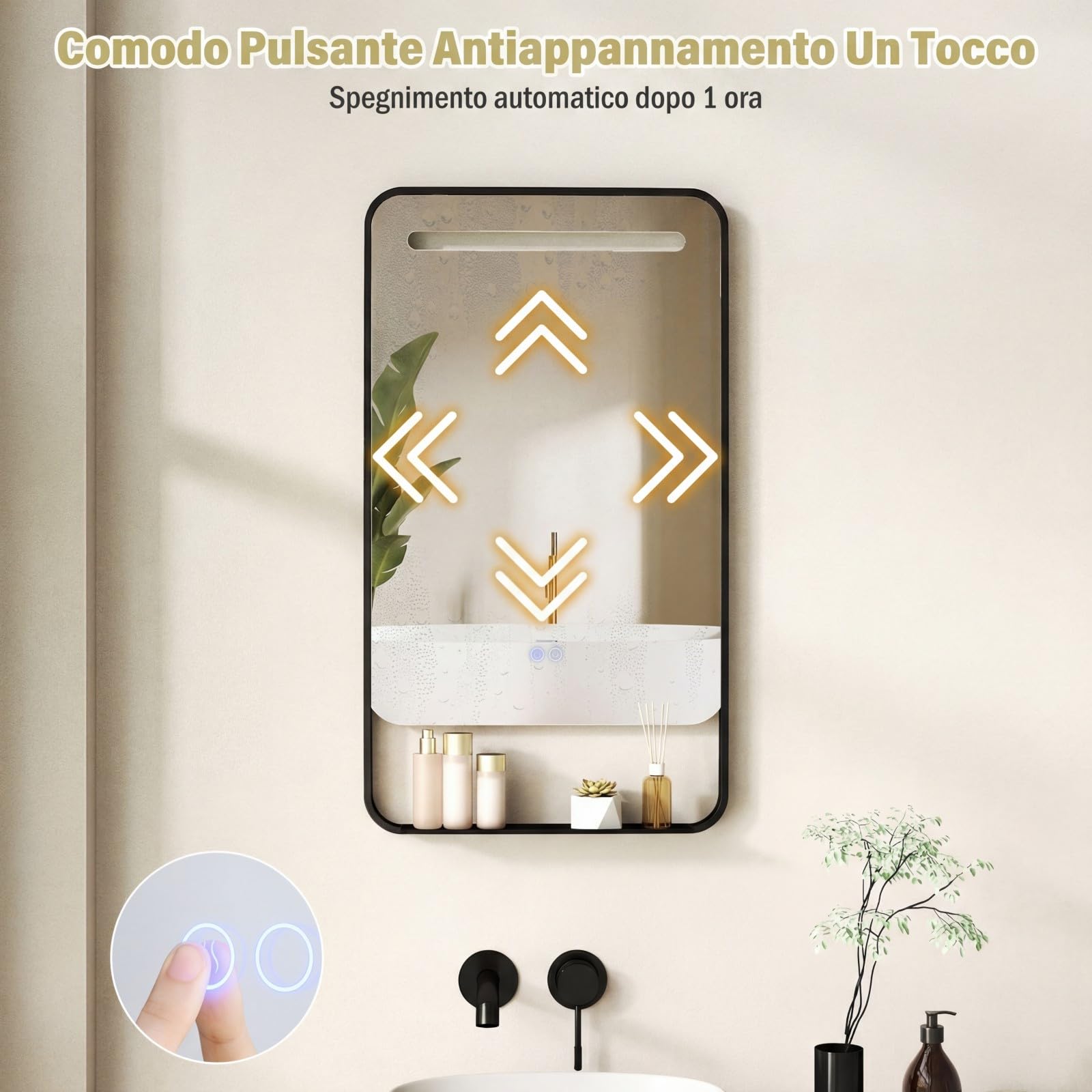 COSTWAY Specchio da Bagno LED 80 x 60 cm con Mensola, Specchio da Trucco con Cornice in Alluminio, Funzione Antiappannamento, 3 Colori di Luce e Luminosità Regolabile, Specchio da Parete