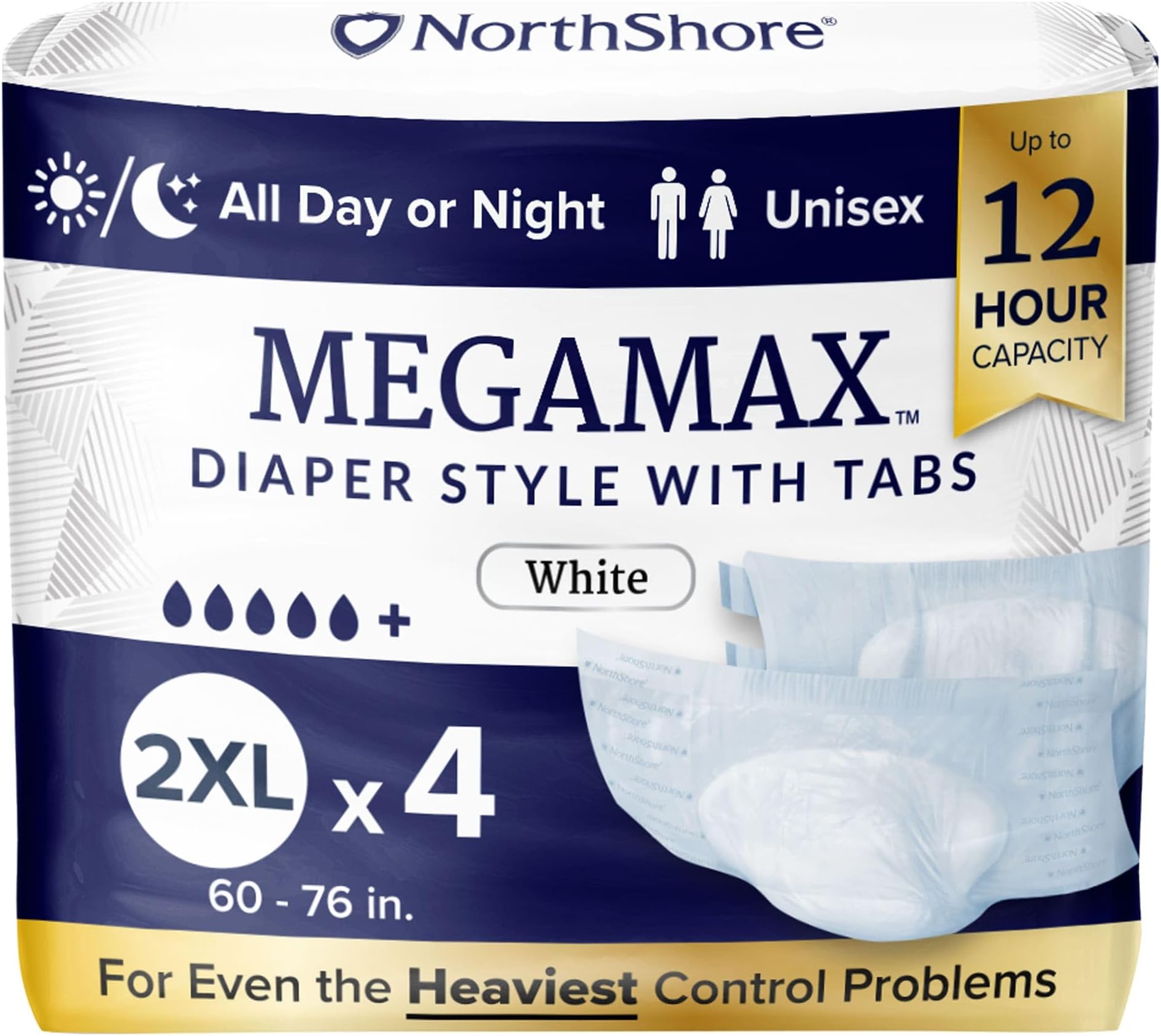 MegaMax Adult Overnight Diapers, 12-Hour Tab-Style, 2X-Large, 4 Count Trial, White, 60-76 inches, Unisex Incontinence Underwear