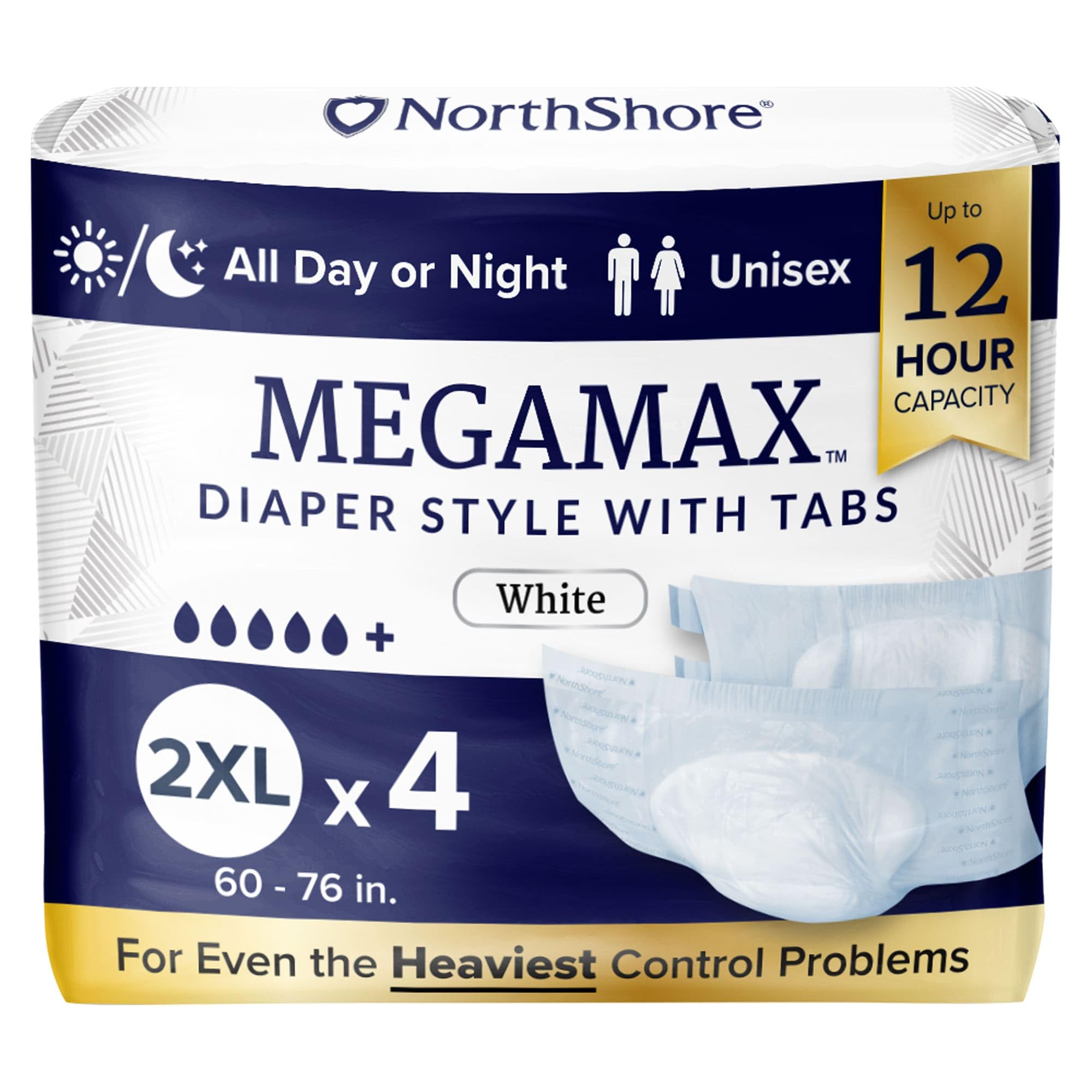 NorthShore MegaMax Adult Overnight Diapers, 12-Hour Tab-Style, 2X-Large, 4 Count Trial, White, 60-76 inches, Unisex Incontinence Underwear
