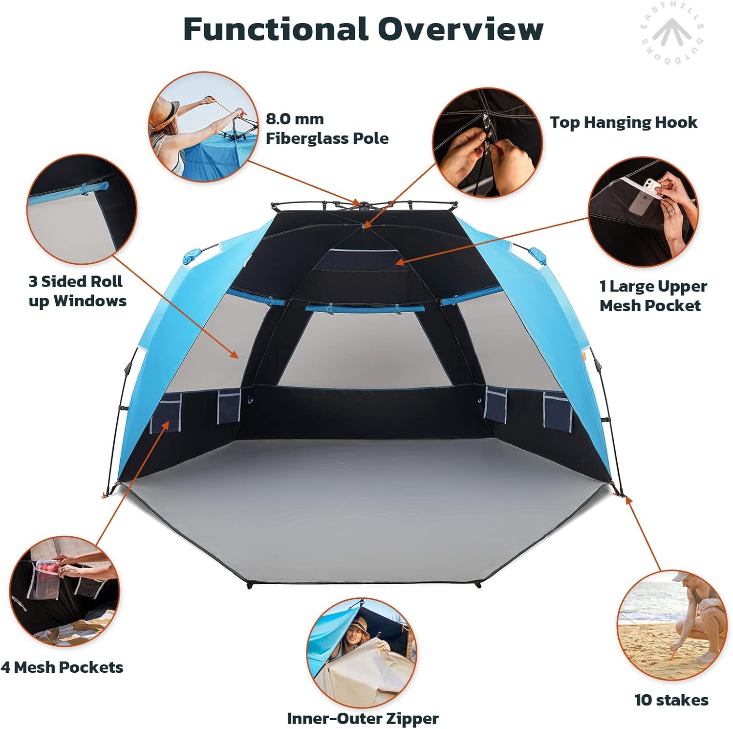 Easthills Outdoors Instant Shader Dark Shelter Pop Up Beach Tent Sun Shelter with UPF 50+ UV Protection for Kids & Family Pacific Blue 3