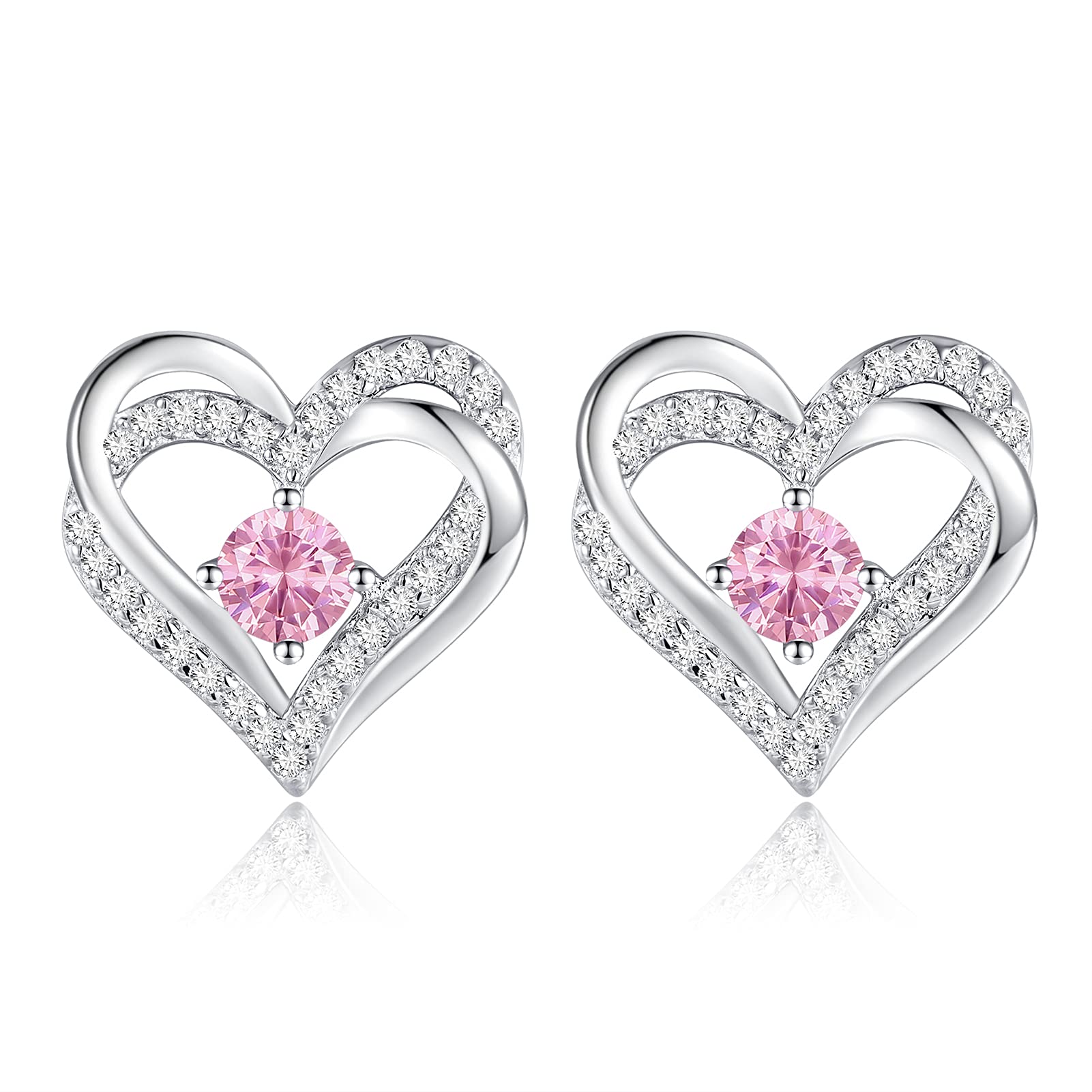 Forever Love Heart Stud Earrings 925 Sterling Silver with Birthstone Zirconia, Birthday Jewelry Gifts for Women Girls