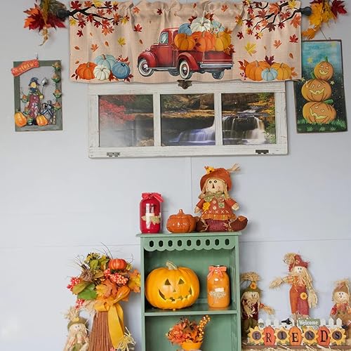 Miniatura 2 de Cenefas de Acción de Gracias, cortina de cosecha, calabaza, camión, cenefas de cocina, bolsillo para barra, cortina de ventana de hoja de arce,