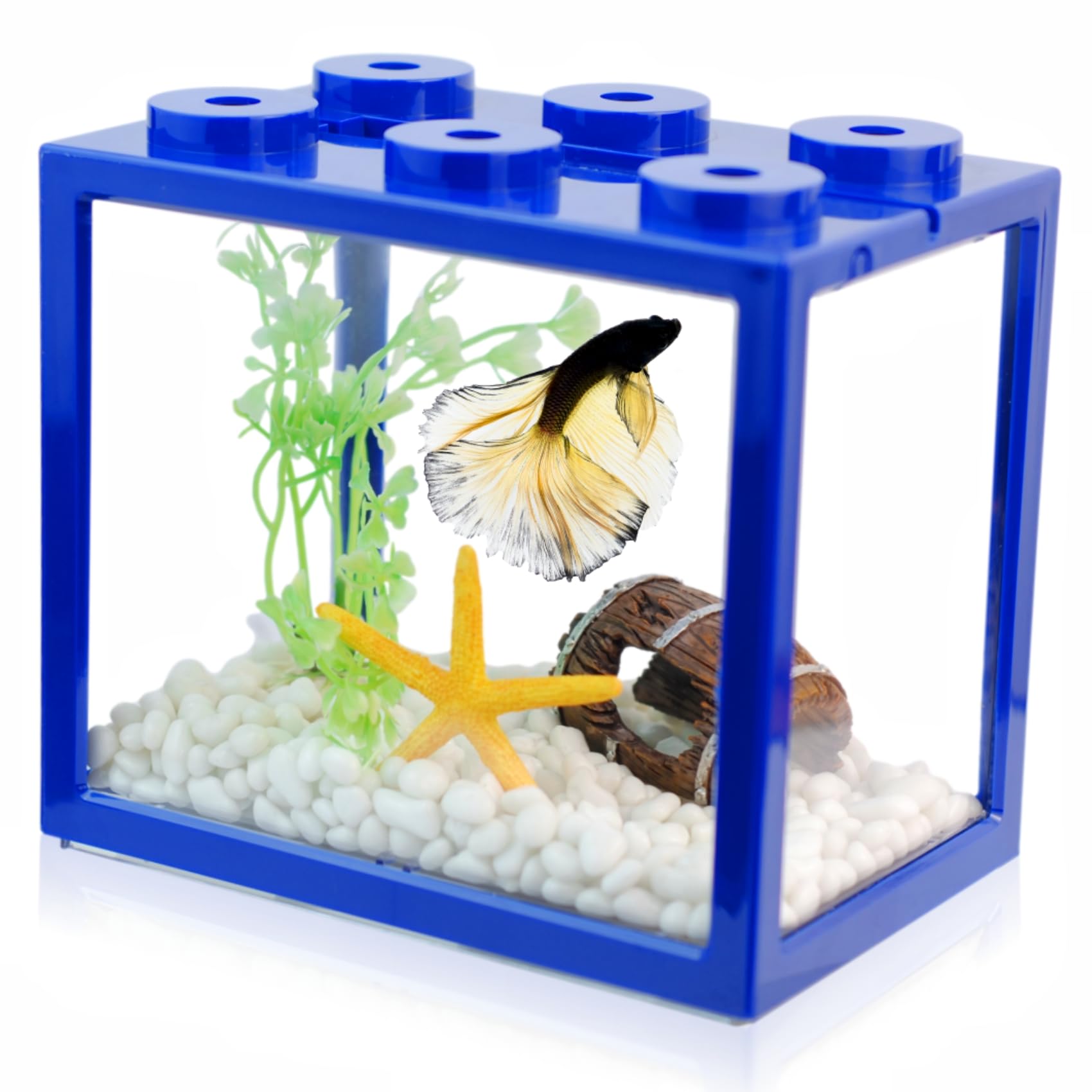 Small Betta Fish Tank, Stackable Mini Fish Tank Tiny Aquarium Tank Kit with Aquarium Gravel & Resin Decorations, 0.6 Gallon Cube Desktop Fishbowl for Snails, Crabs, Starfish (Blue)