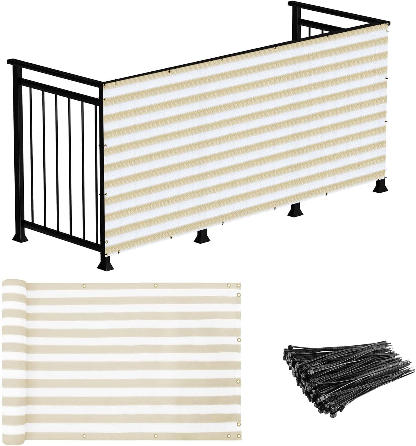 3' x 12' Black + 3' x 12' Beige White Strip Balcony Privacy Fence Bundle