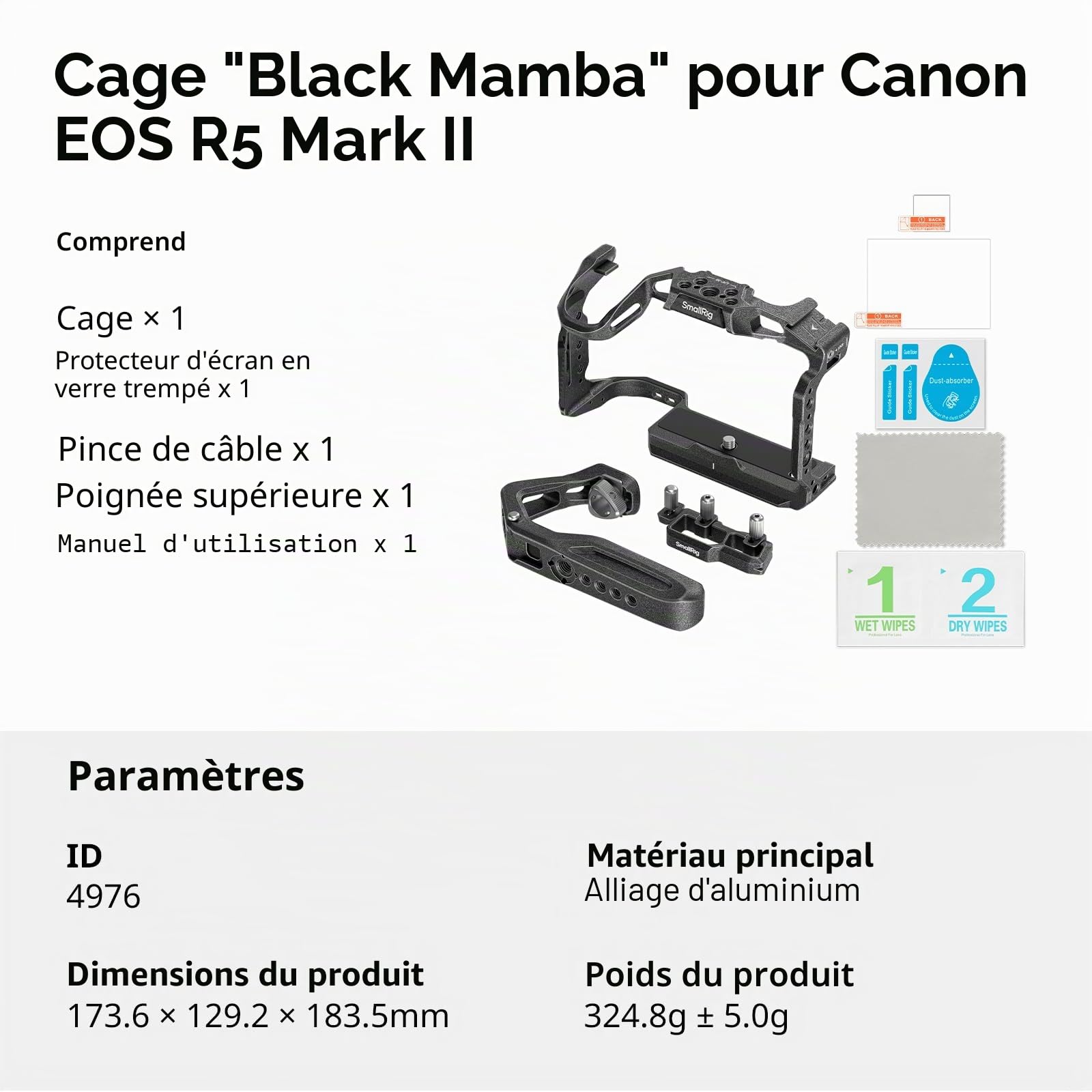 SMALLRIG Cage Kit pour Canon R5 Mark II avec Poignée Supérieure et Serre-câble Dédié, Support pour Appareil Photo en Alliage d'Aluminium avec Griffe HawkLock, Trous Filetés - 4976