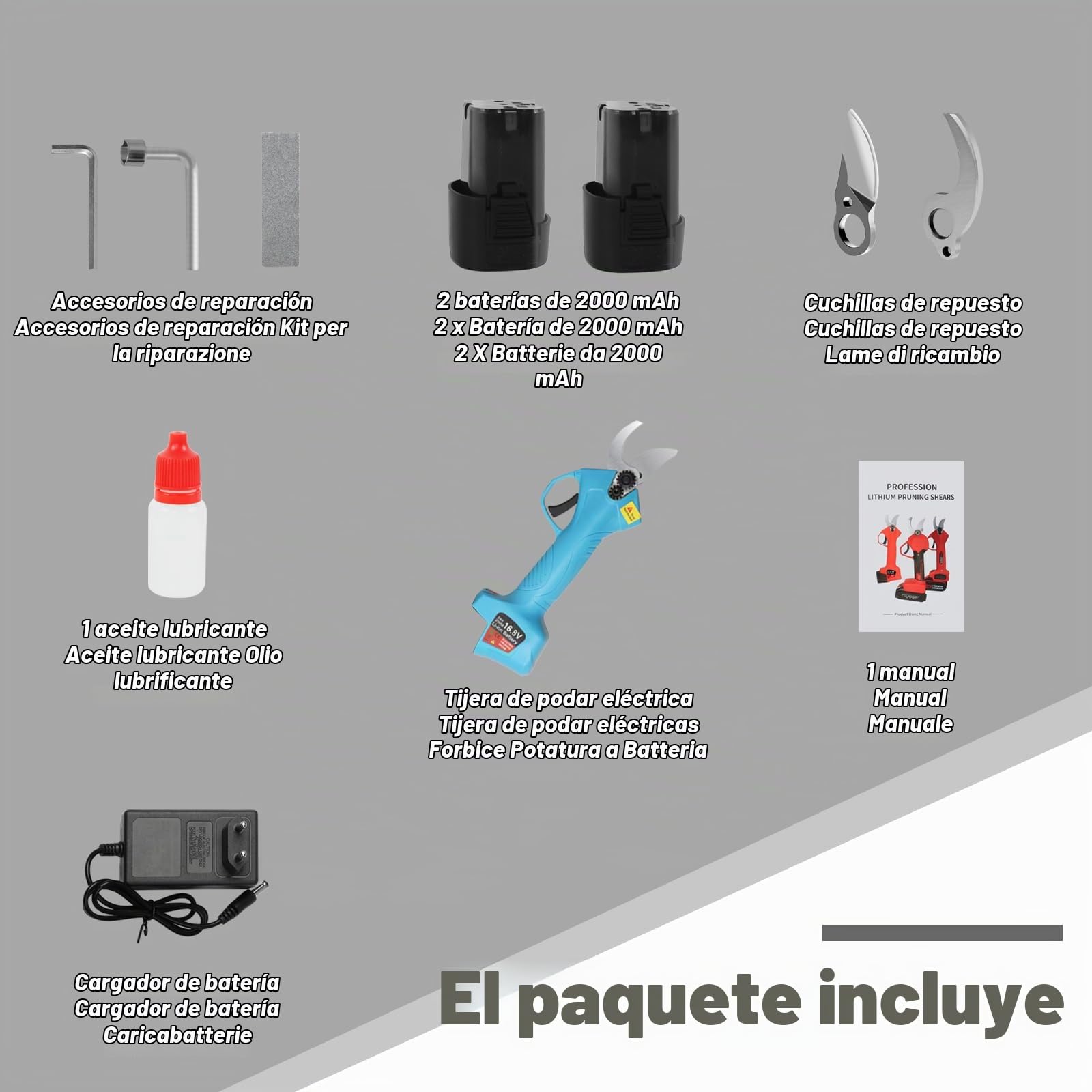 Tijeras de Podar Bateria 25 mm Tijeras de Podar Electricas Progresivo Recargable 2000 mAh Profesionales para árboles Jardinería 16,8V (16,8V-2Ah)