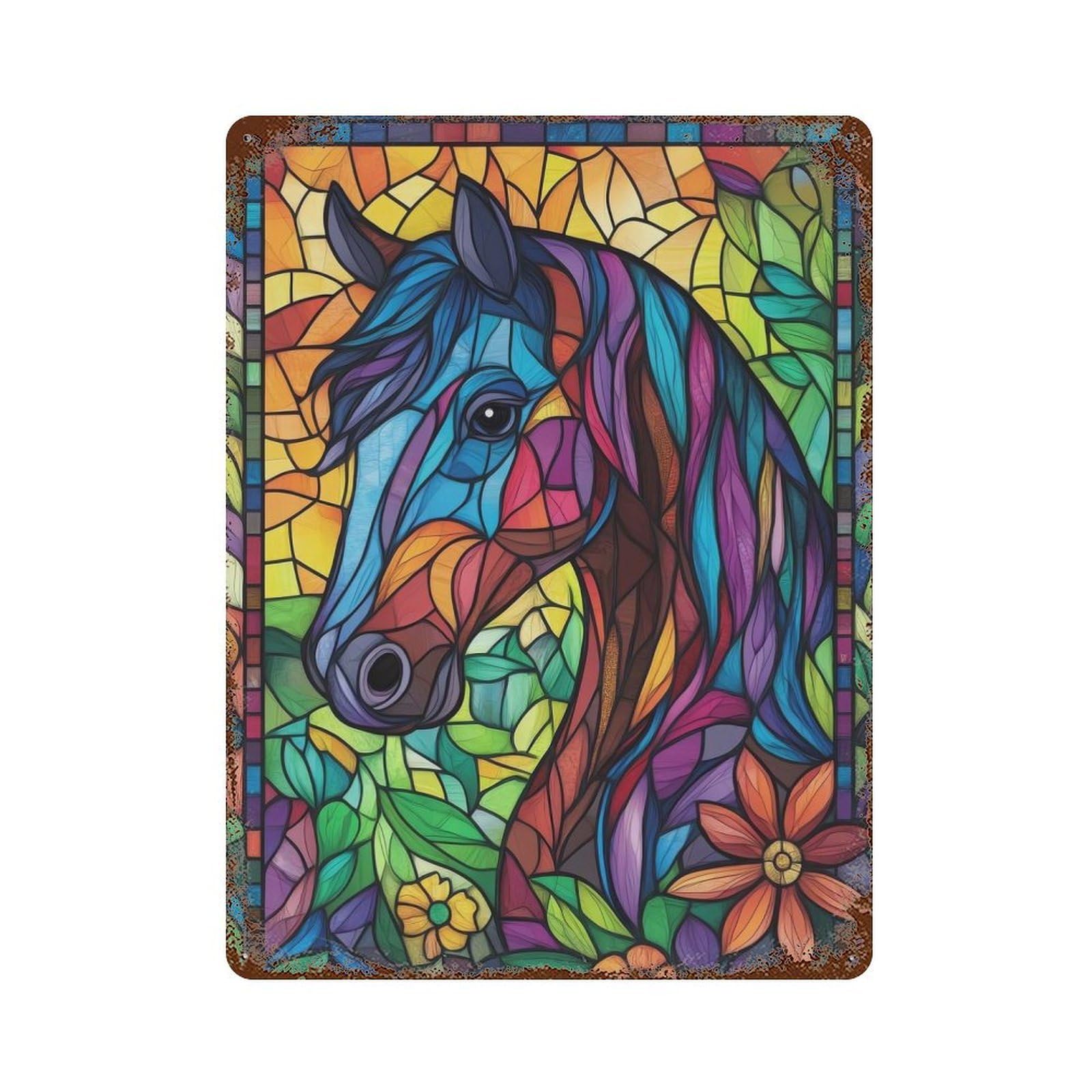 Stained Glass Horse Rust Effect Tin Sign 15.7"x11.8", Novelty Wall Decor for Garage, Pub Or Kitchen