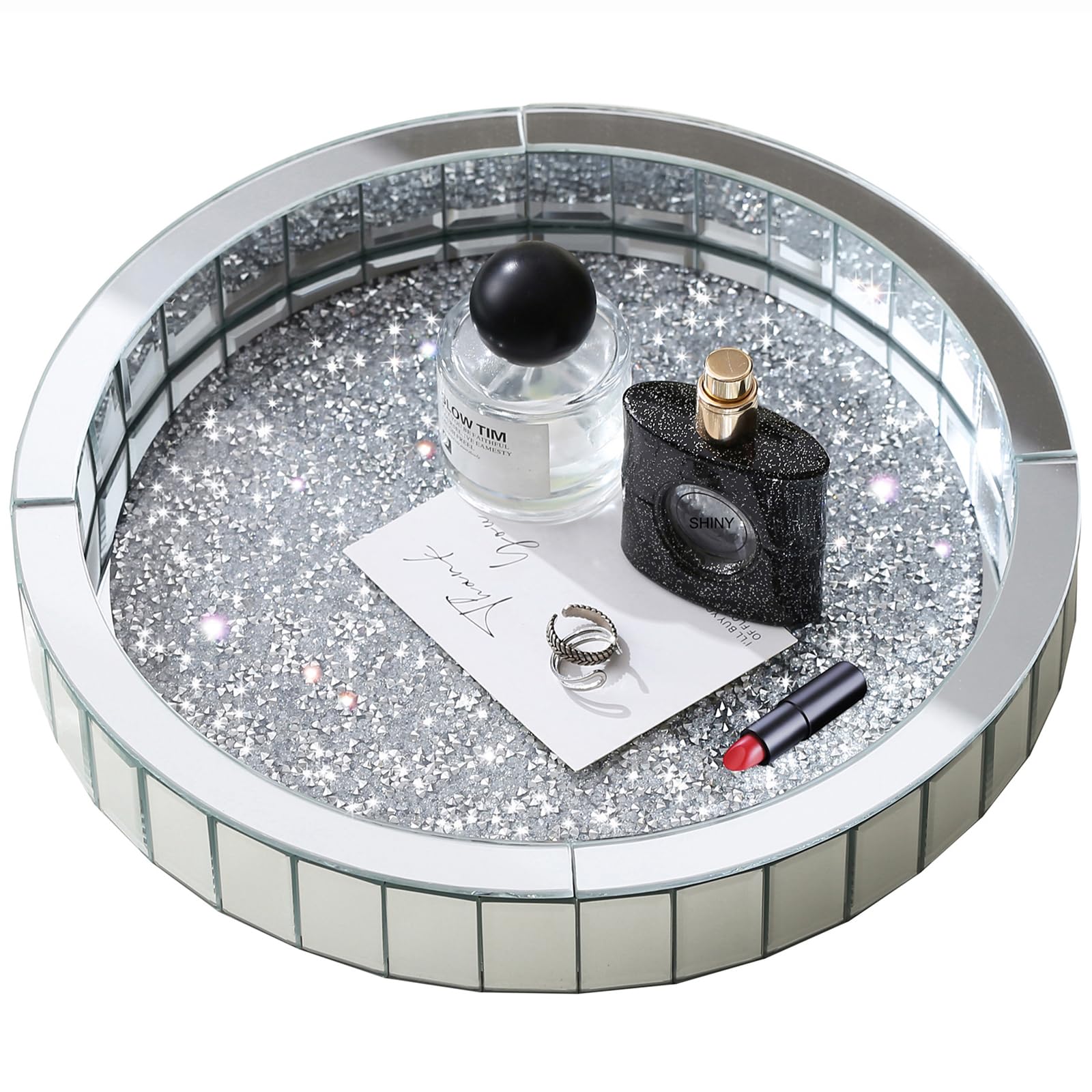 12 Rotating Perfume Organizer Tray Mirror Glass Vanity Tray for Bedroom Dresser Makeup Skincare Organizer for Bathroom Crushed