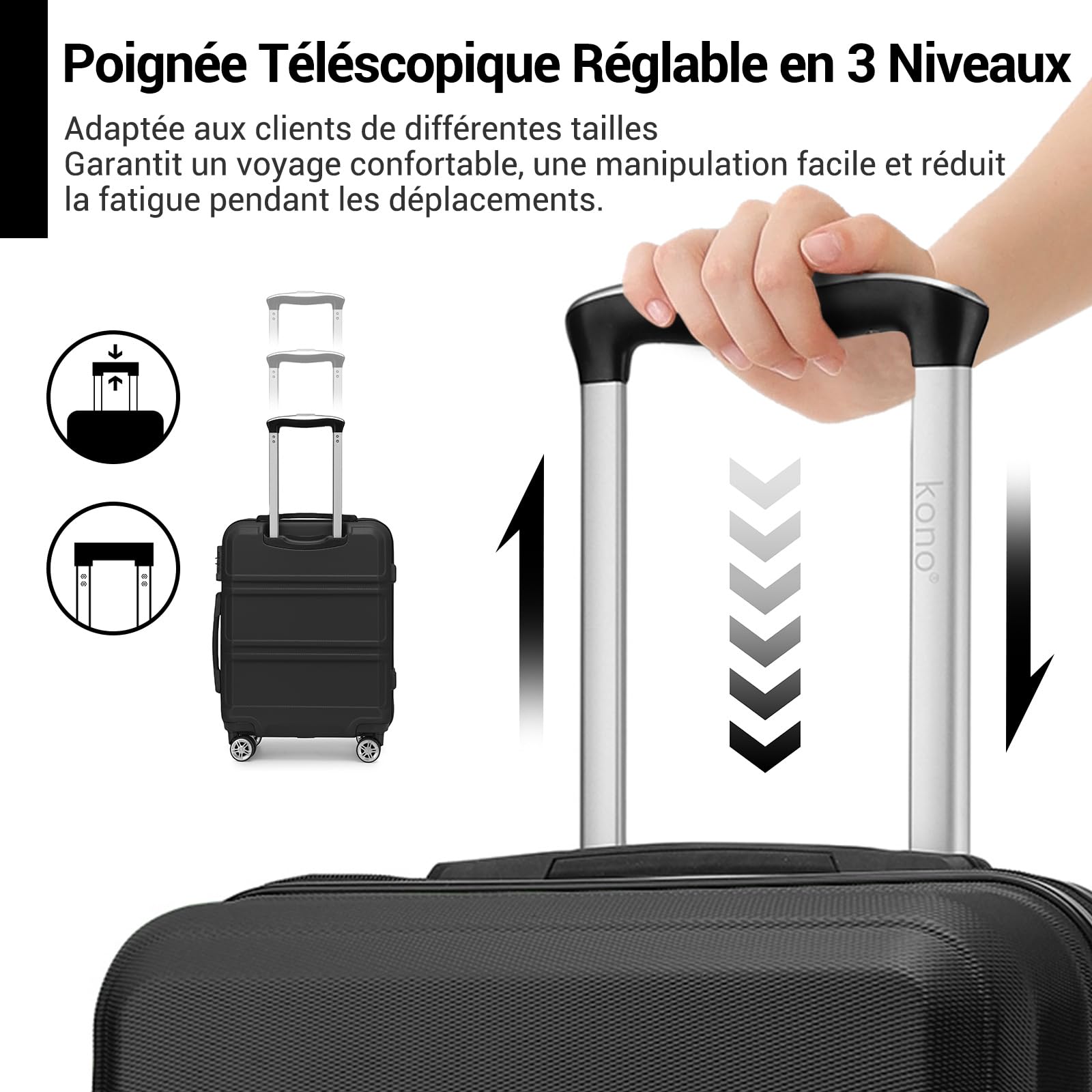 Kono Valise Grande 74cm Rigide ABS Valise de Voyage 28 Pouces à 4 roulettes et Serrure TSA Valise de Mode, Noir