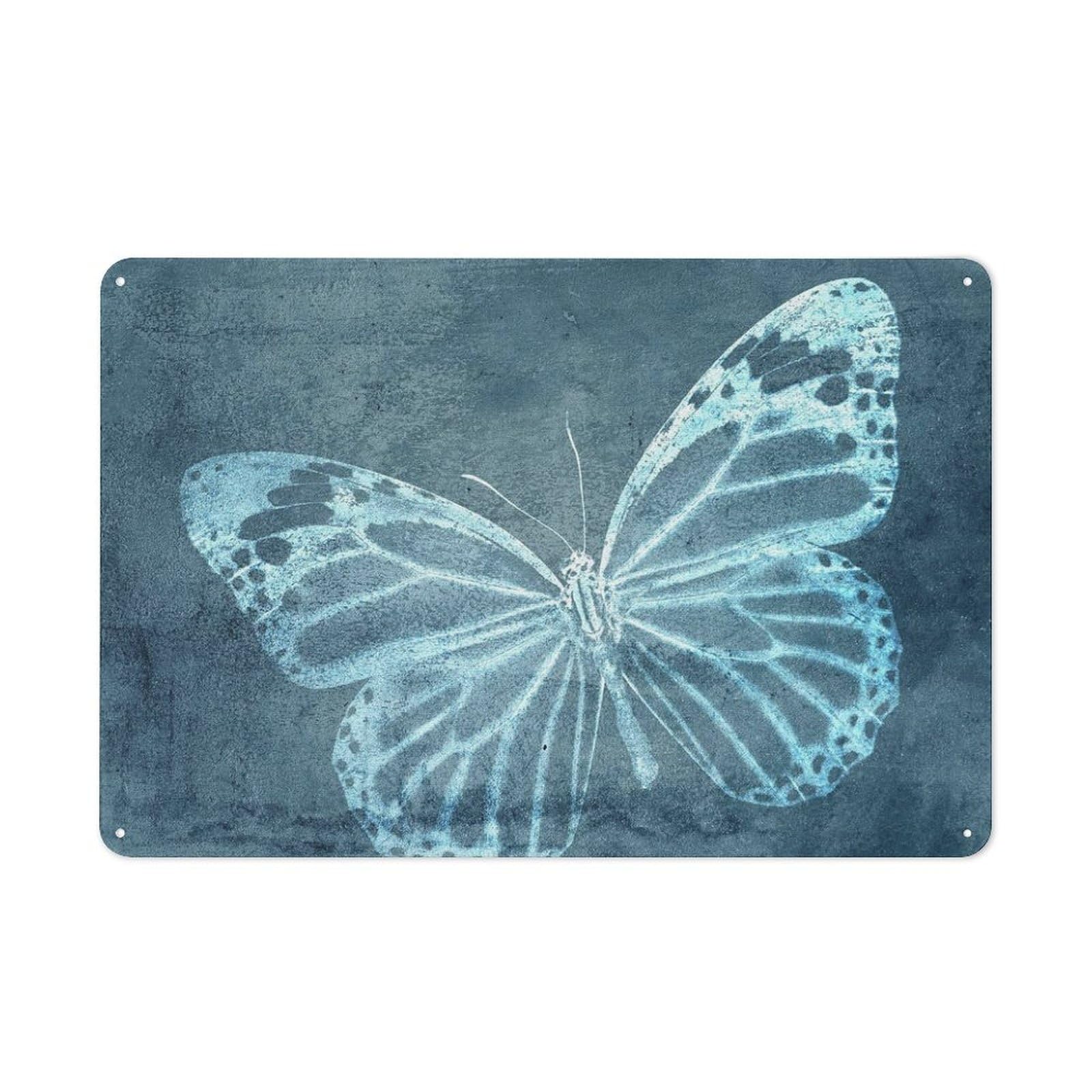 Rustic Metal Tin Sign, Teal Butterfly Wings Nature Wall Art, Girls Bedroom Living Room Relax Decor 12x8 Inch