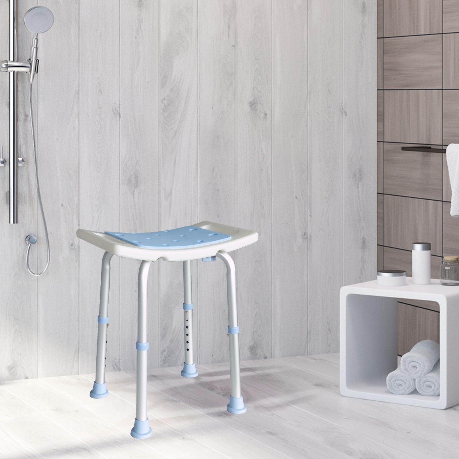 Floordirekt Taboret prysznicowy Nora – krzesło prysznicowe z regulacją wysokości 37,5-49,5 cm – obciążenie do 136 kg