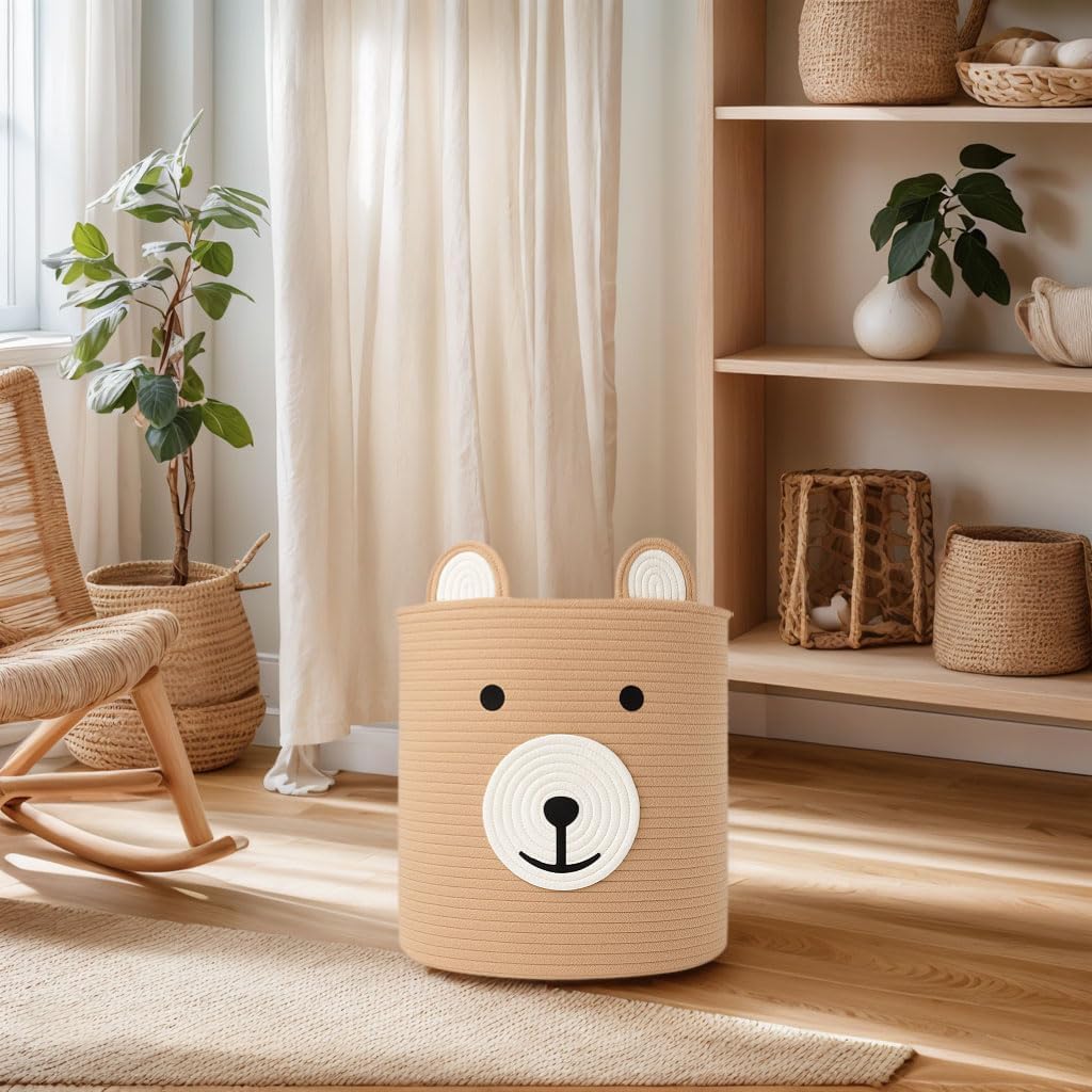 Baby Laundry Basket, Bear Basket, Baby Shower Baskets, Bear Gift Baskets for Kids, Nursery, Toy Storage, Cotton Rope Hamper with Handles (Light Brown, 13" D x 15" H)